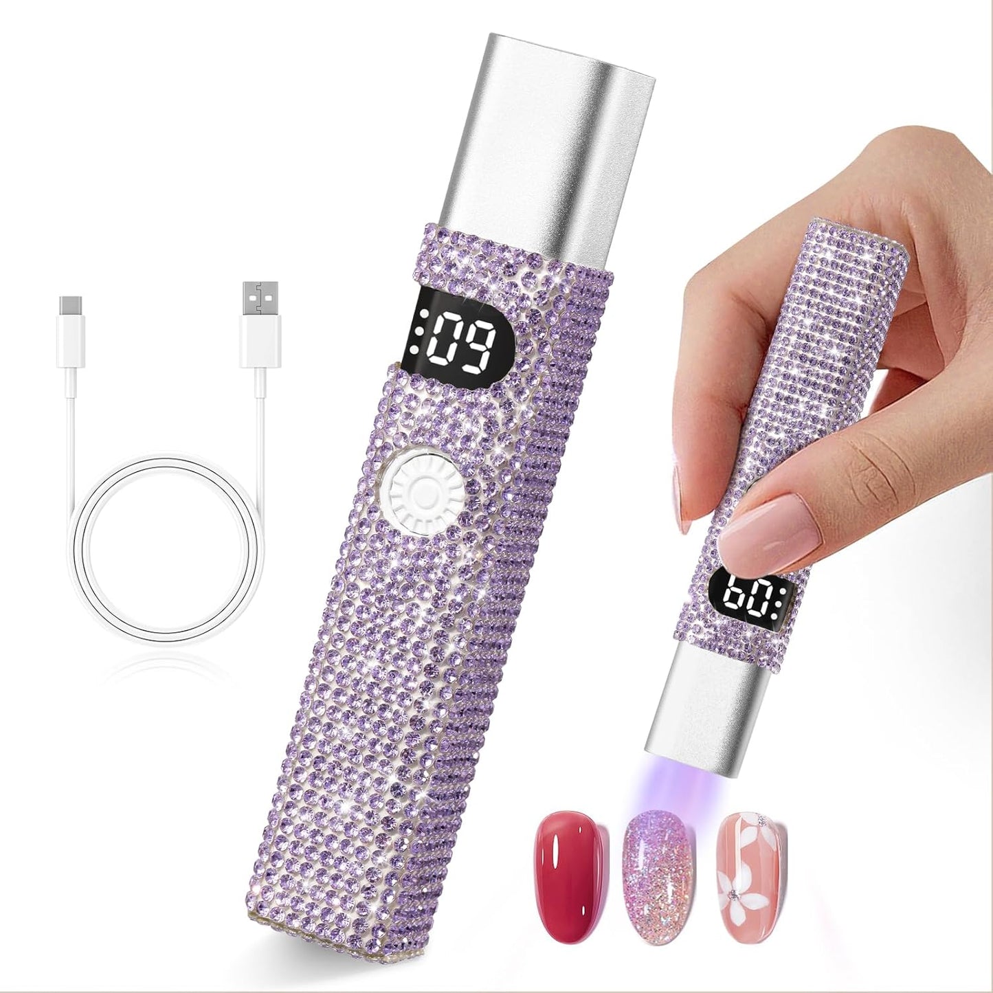 Handheld UV Light for Gel Nails,Mini LED Cordless Nail Lamp for Gel Nail Polish,Portable Flash Cure Lamp,Rechargeable USB Nail Dryer with LCD Display Fast Curing (Purple Diamond)