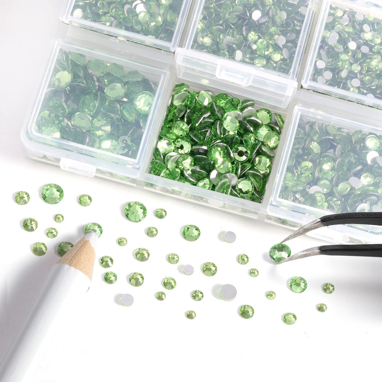 Beadsland 4300pcs Flatback Rhinestones, Light Green Nail Gems Round Crystal Rhinestones for Crafts, Mixed 6 Sizes with Picking Tweezers and Wax Pencil Kit, SS6-SS20, Peridot/Light Green