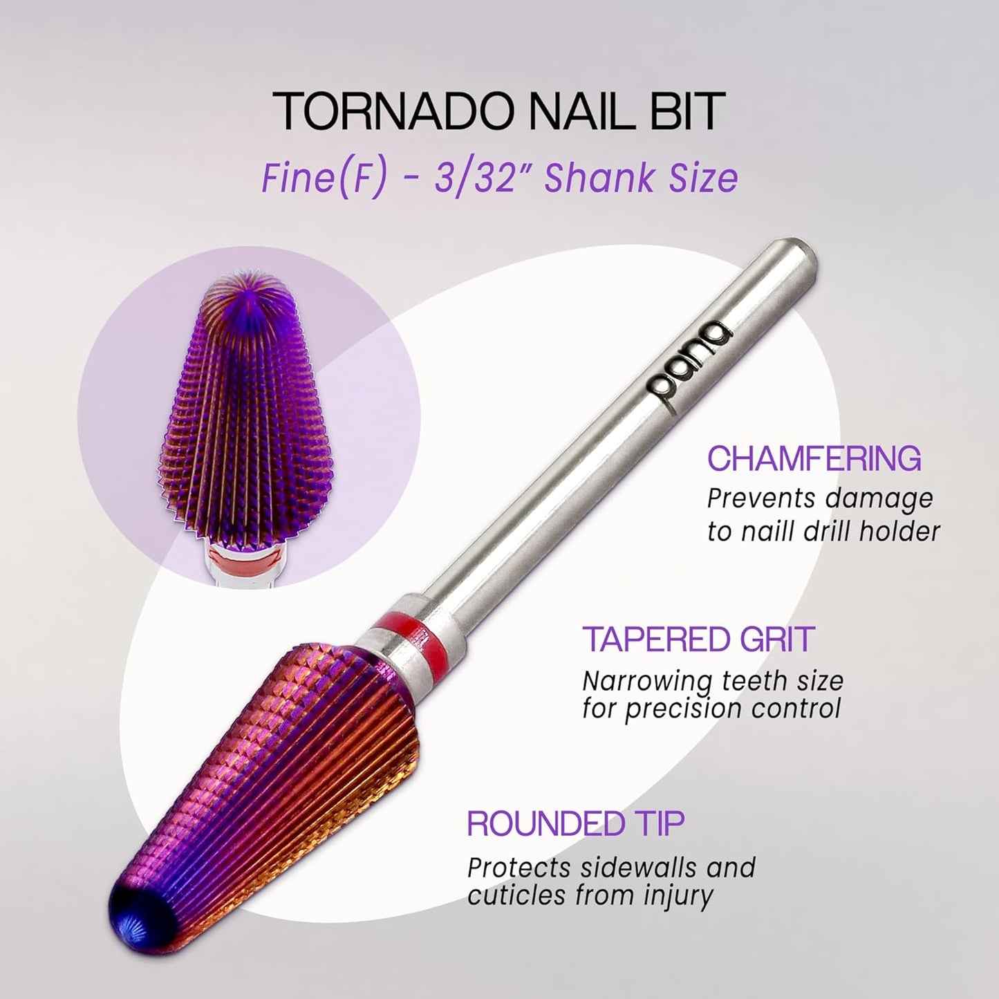 PANA 3/32" Purple Tornado Carbide Nail Drill Bit for Acrylics, Nail Extension, Gel Polish Removal Nail Salon Manicure Pedicure Electric File Tools (Fine - F)