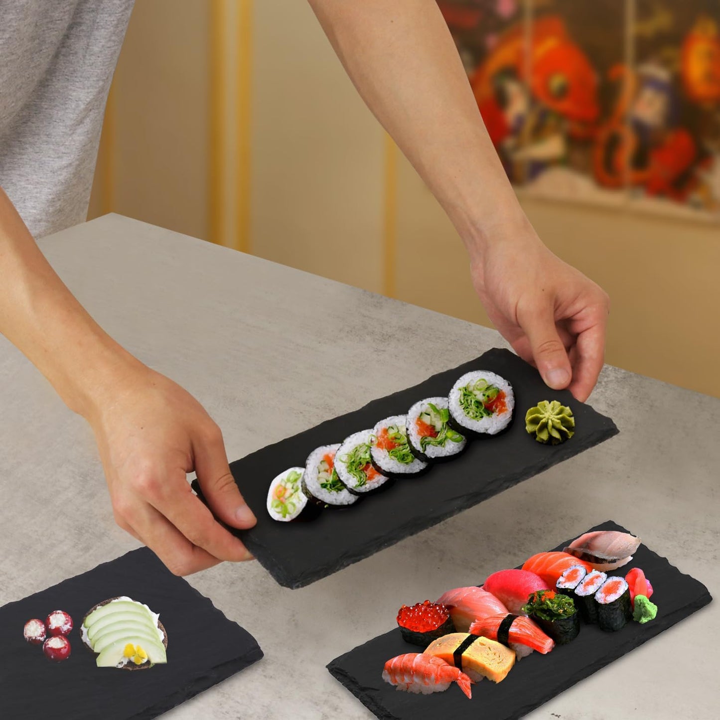 12 Pack 10 x 4.72 Inch Slate Cheese Boards, Black Rectangle Slate Charcuterie Boards, Natural Charcuterie Stone Plates for Parties, Gifts, and Special Events, Cheese, Sushi, Food.