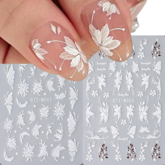 2Pcs Flower Nail Stickers for Nails Art White Magnolia Flowers Nail Art Stickers Decals Summer Butterfly Self-Adhesive Design Nail Supplies for Women Manicure Accessories