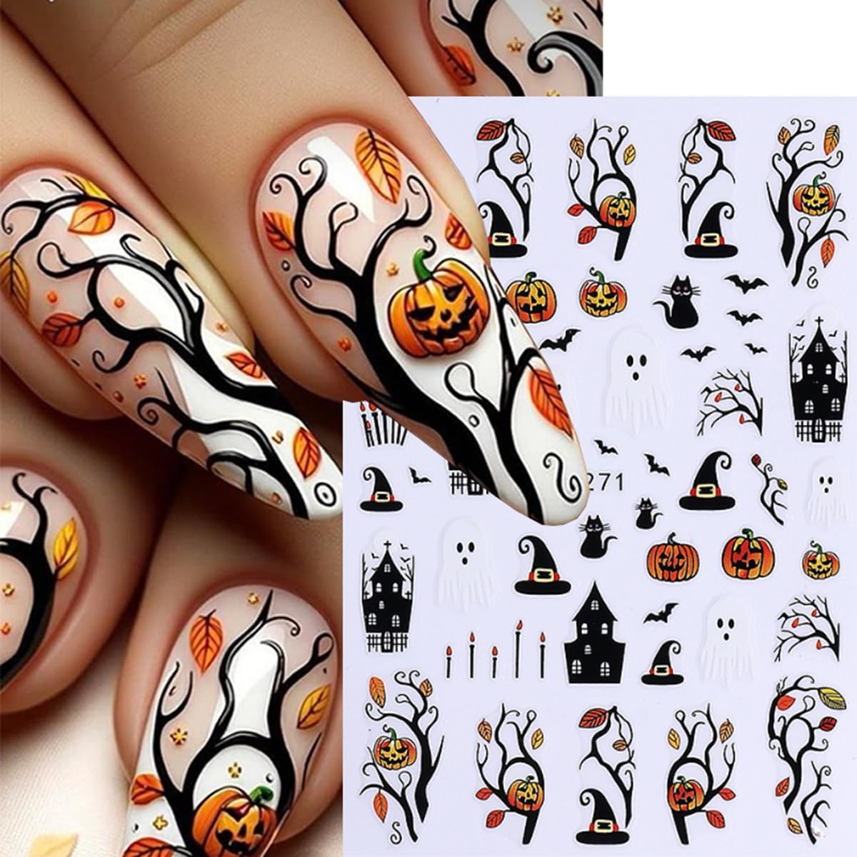 Halloween Nail Art Stickers Decals 3D Halloween Nail Stickers for Nail Art 6PCS Ghost Spiders Web Bat Pumpkin Black Cat Self-Adhesive Nail Art Design Manicure Sliders for Women DIY Nail Decorations