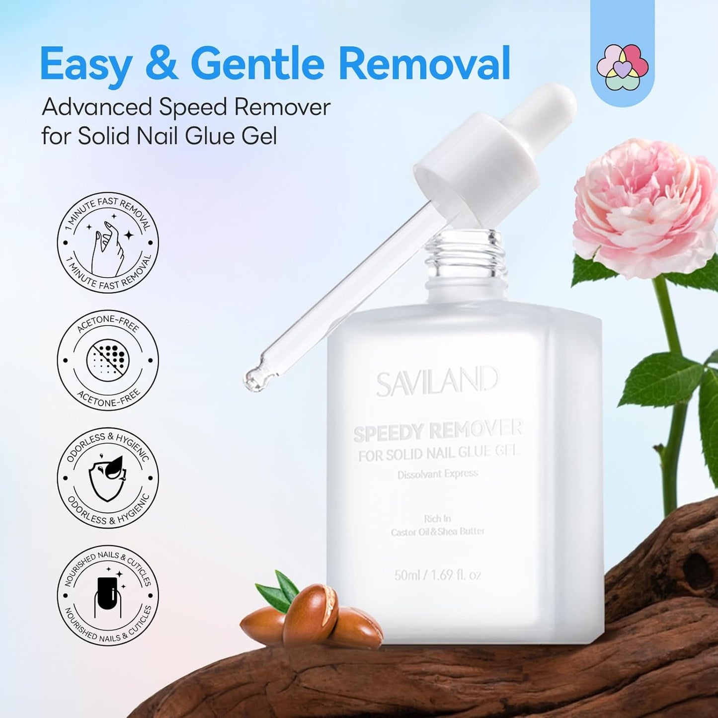 SAVILAND Advanced Nail Glue Remover: 50 ML Solid Nail Glue Gel Remover for Press On Nails Gentle & Easy with Castor Oil VE Gentle Non-Drying Odor-Free Non-Acetone Glue Remover Not for Gel Polish