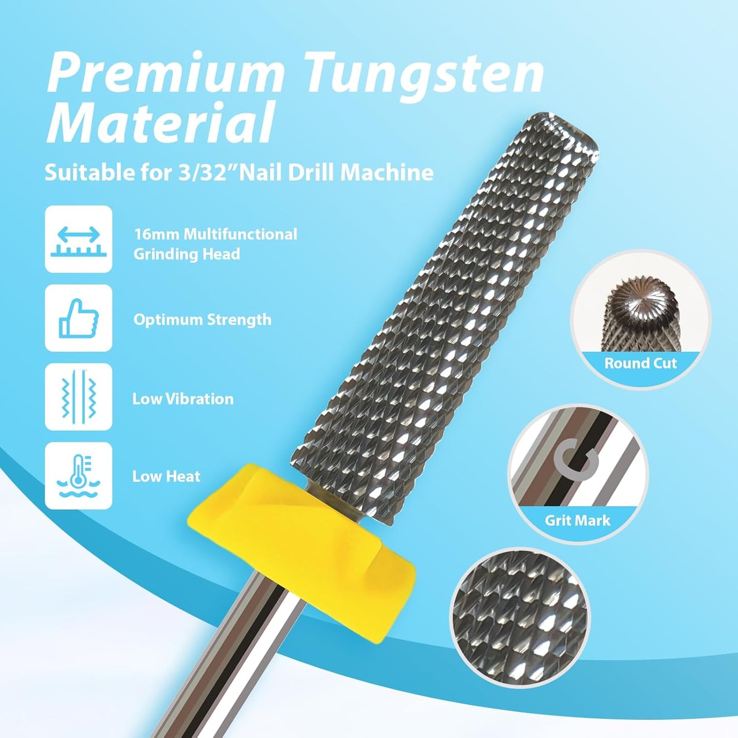 16mm 5 in 1 Nail Drill Bits for False Nail Apply, 3/32'' Tungsten Carbide Professional Bit, Slender Bit for Corners, Left & Right Hand Use, Manicure Cuticle Gel Polishing, Extra Fine.