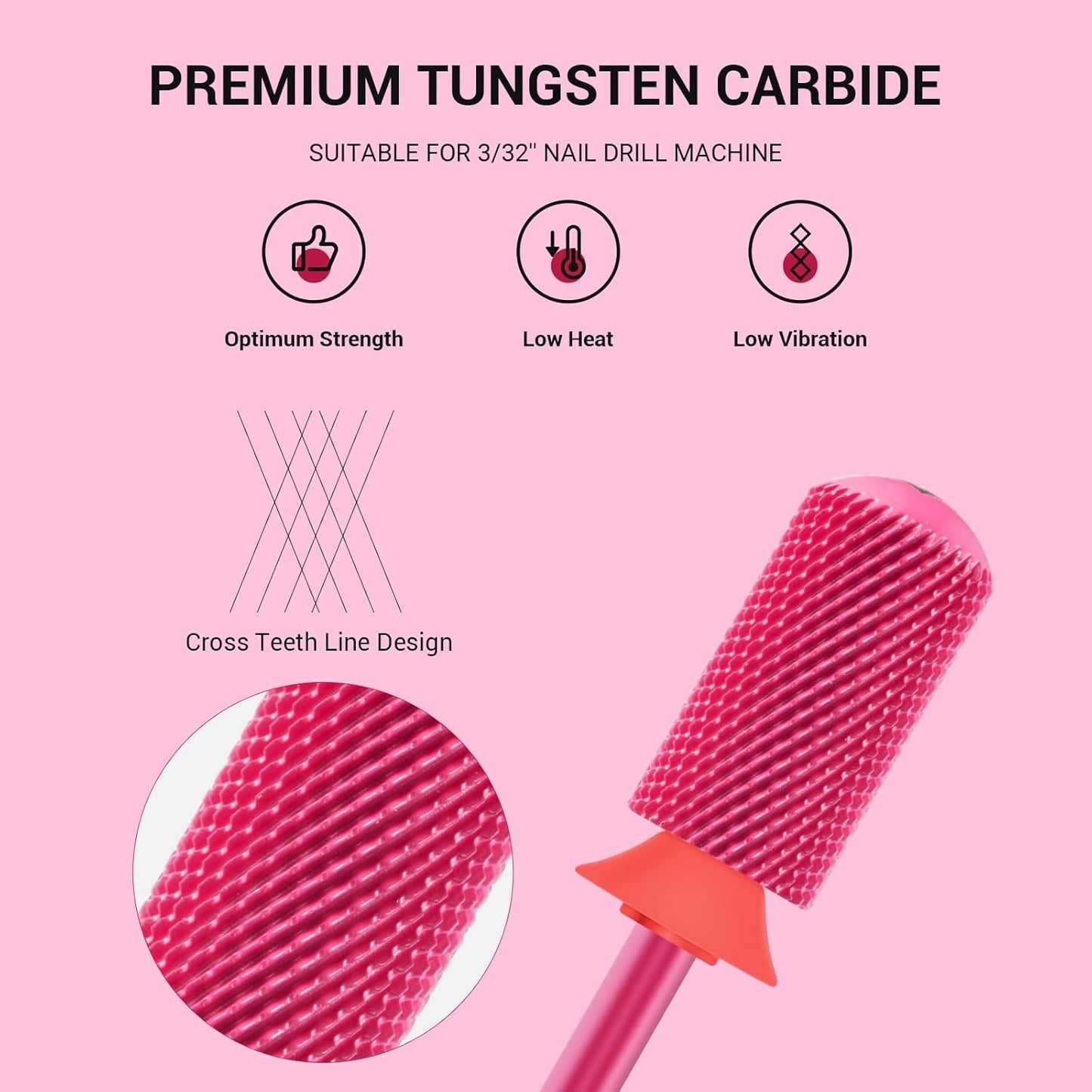 MelodySusie Safety Nail Drill Bits, 3/32'' Smooth Round Top Large Barrel Carbide Bits, Suitable for Manicure Pedicure Cuticle Gel Polishing, Beginners Bits, Pink Blossom, Series Bit-S