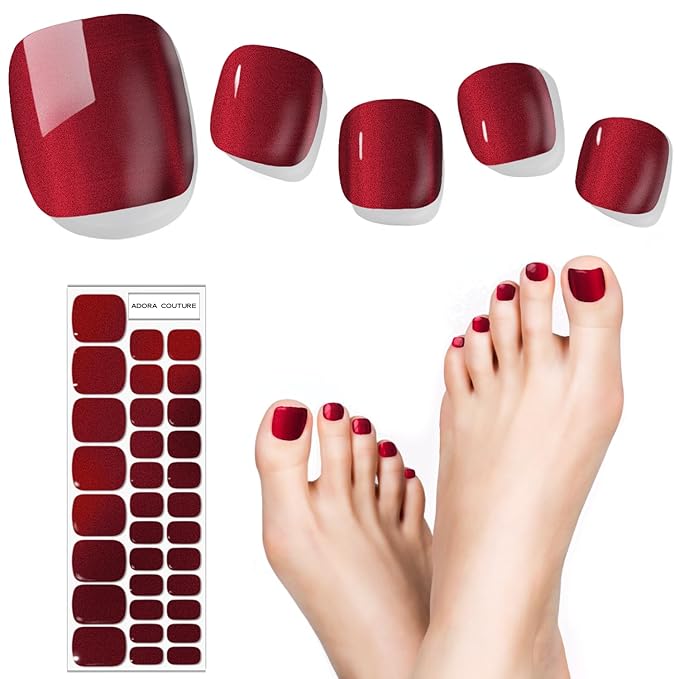 Semi Cured Gel Nail Strips - 32 pcs Gel Pedicure Stickers, Easy to Apply & Remove Toenail Stickers, Salon Quality at Home & Long Lasting - UV Nail Lamp Required - Red Wine P