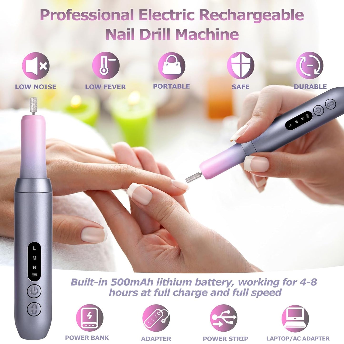 Electric Nail Files Cordless, Professional Nail Drill LCD Display with 12 Bits 30000RPM Rechargeable Manicure Pedicure EFile for Gel Nail Polish Acrylic Nails Thick Toenails Removal, Grey Pink