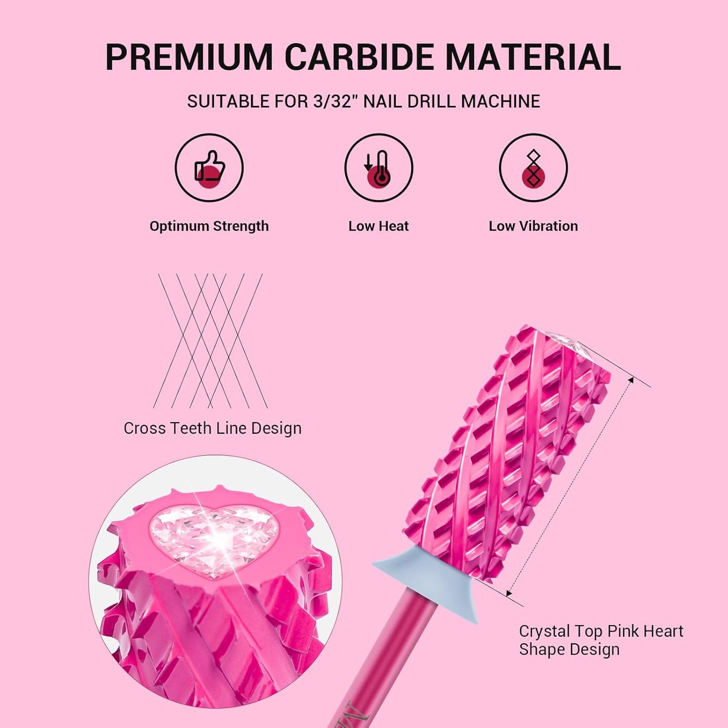 MelodySusie Large Barrel 3/32'' Tungsten Carbide Nail Drill Bit, Crystal Top Pink Heart Shape, Fast Remove Acrylic Gel, Cuticle Gel Polishing for Manicure Pedicure, Pink Blossom, Series Bit-S, 4XC