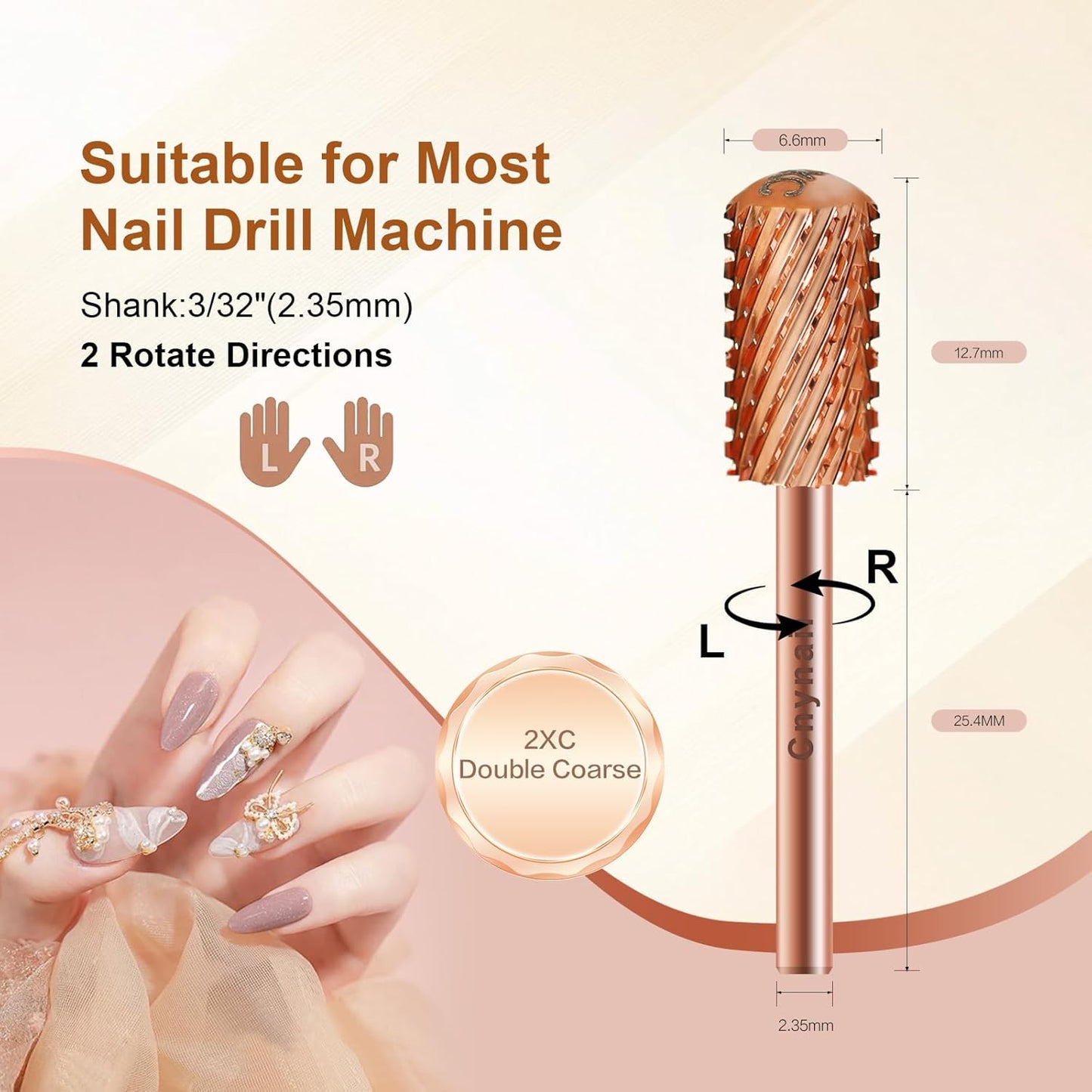 3/32" Large Barrel Smooth Round Top Tungsten Carbide Nail Drill Bit Safety Bit for Gel & Acrylic Removal, 2-Way Rotating Efile Tip, Salon Electric File Accessory (2XC Grit, Rose Gold)