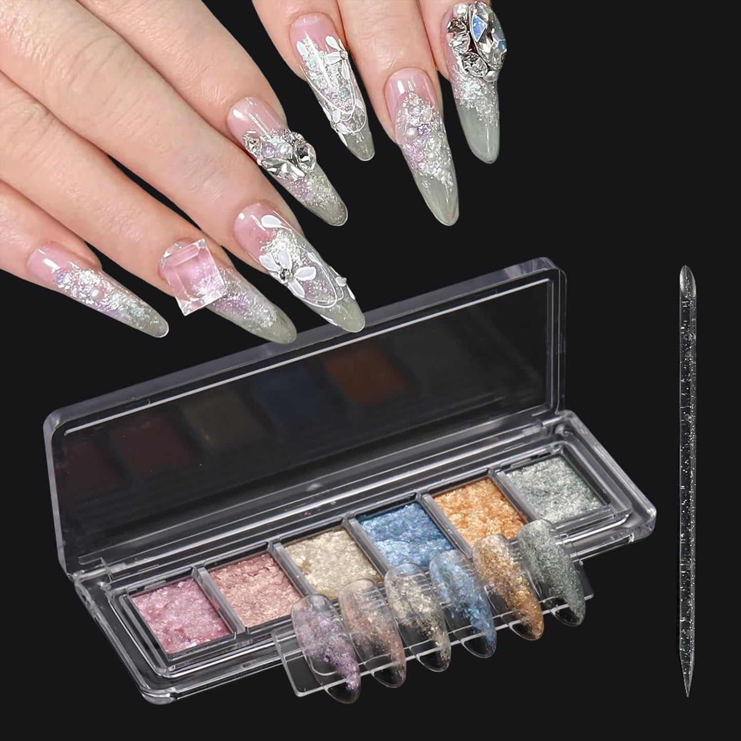 Holographic Mermaid Nail Glitter Foil Sequins 6 Colors Aurora Chameleon Nail Foil Flakes Mud Iridescent Fairy Dust Nail Powder for DIY Paillettes Manicure Nail Art Designs