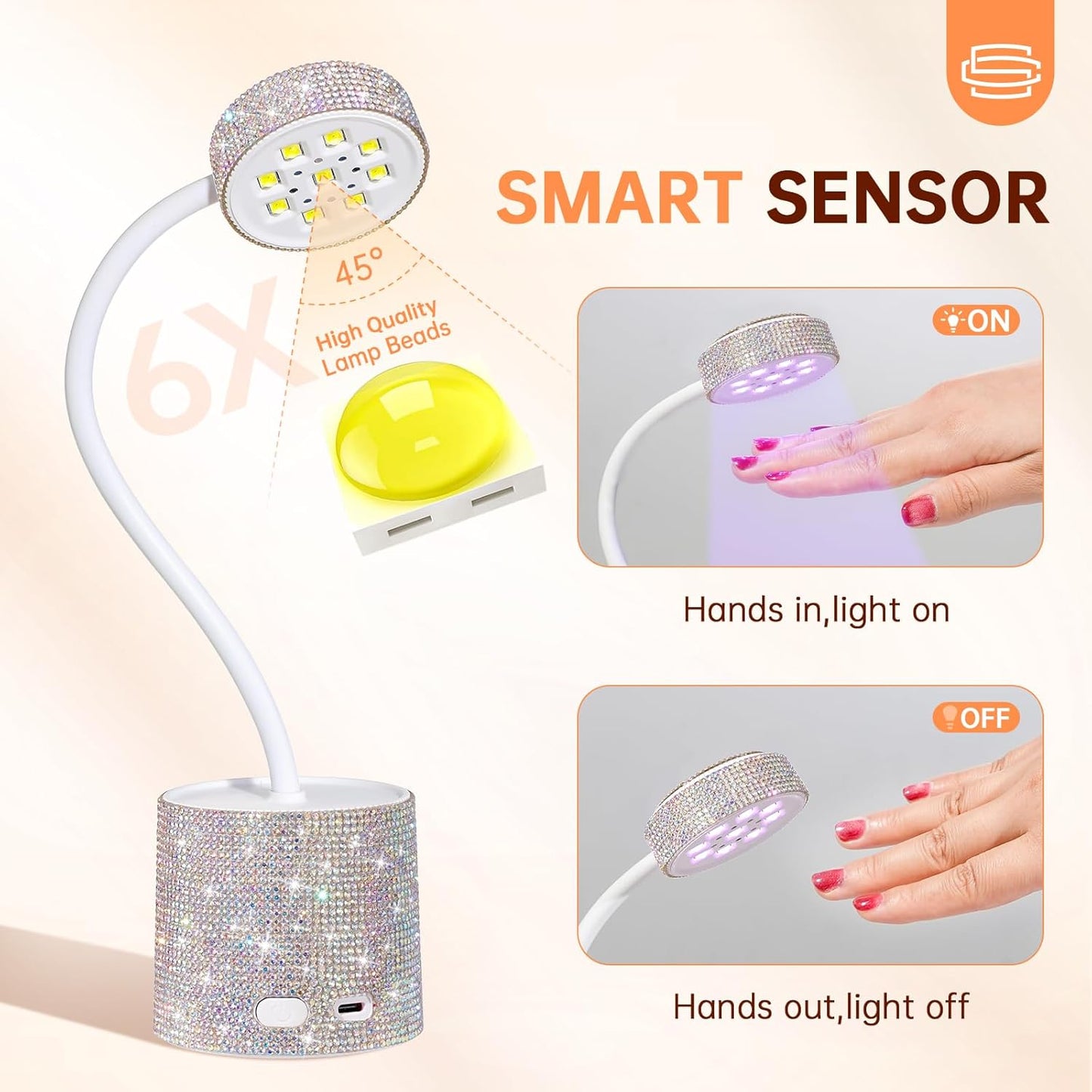 UV LED Nail Lamp, Mini UV Light for Gel Nails Polish, Rechargeable LED Flash Cure Nail Dryer, Quick Drying Goosenecks UV Nail Lamp for Home Nail Salon DIY Manicure, AB Diamond