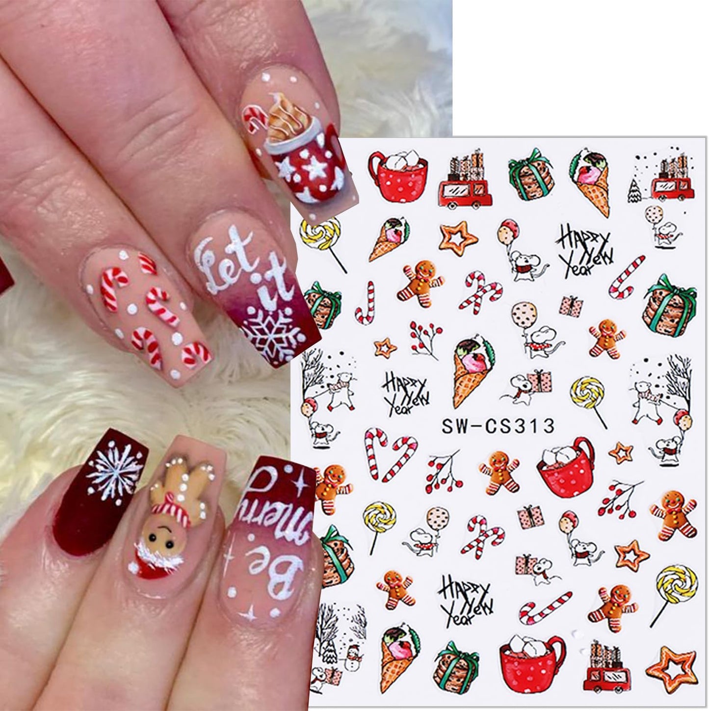 6 Sheets Christmas Nail Stickers for Nail Art Cute Xmas Candy Gingerbread Men Santa Claus Nail Decals 3D Self-Adhesive Bell Christmas Tree Nail Design Winter Snowflake Nail Art Stickers for Women