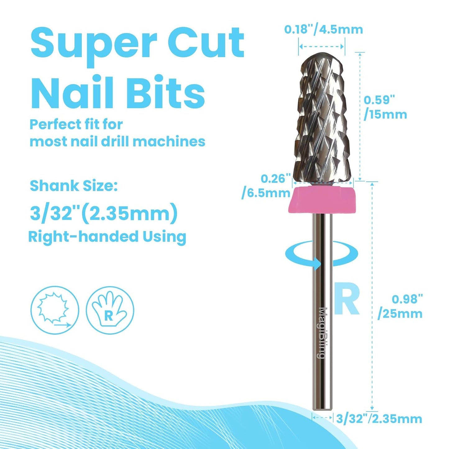 Super Cut Tapered Barrel 3/32'' Safety Tungsten Nail Drill Bits, Remove Gel Fast, Right handed, Suitable for Manicure Pedicure Cuticle Gel Polishing, Technicians Bits, Grit: Triple Coarse.