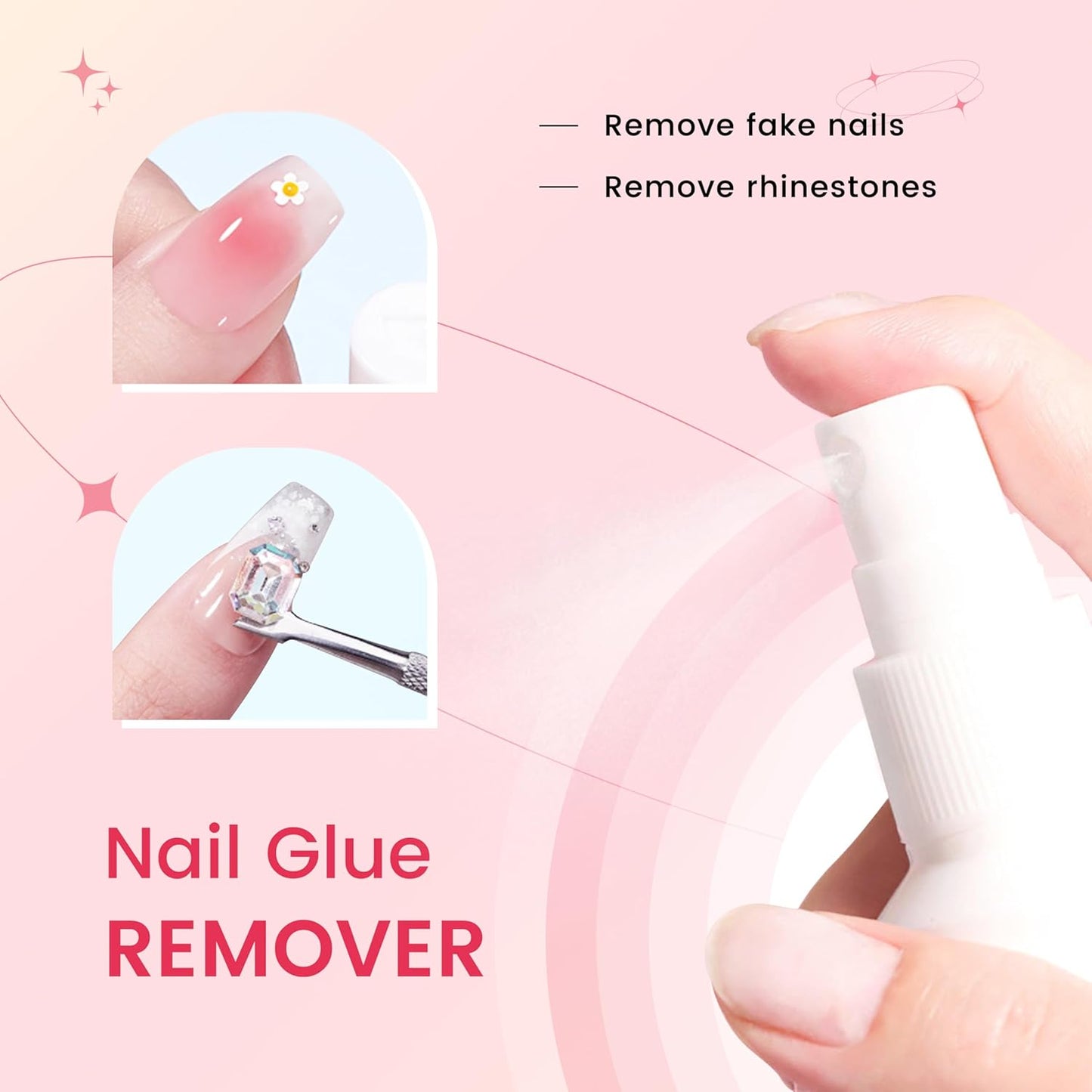 AIJIMEI Press on Nail Remover Kit Spray Nail Glue Remover with Crystal Rod NailPolish Remover Pads NailGlue Remover for Press On Nails for Easy Removal Debonder (60ml/2fl.oz)