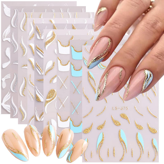 9 Sheets French Shining Line Nail Art Stickers 3D Glitter Wavy Stripe Nail Decals Metal Curve Stripe Lines Nail Art Supplies French Nail Tips for DIY Manicure Decoration for Women Girls Acrylic Nails