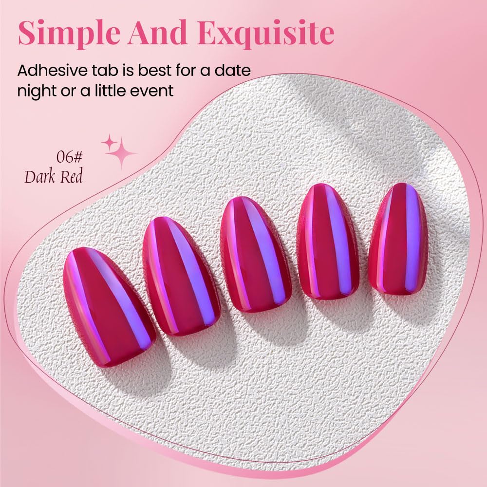evpct Dark Red Press on Nails Almond Short, Dark Purple Red Chrome Glazed Glossy Short Almond Soft Gel Press On Nails with Nail Glue for Women Gift, 15 Sizes 30Pcs Reusable Stick Acrylic Fake Nail Kit