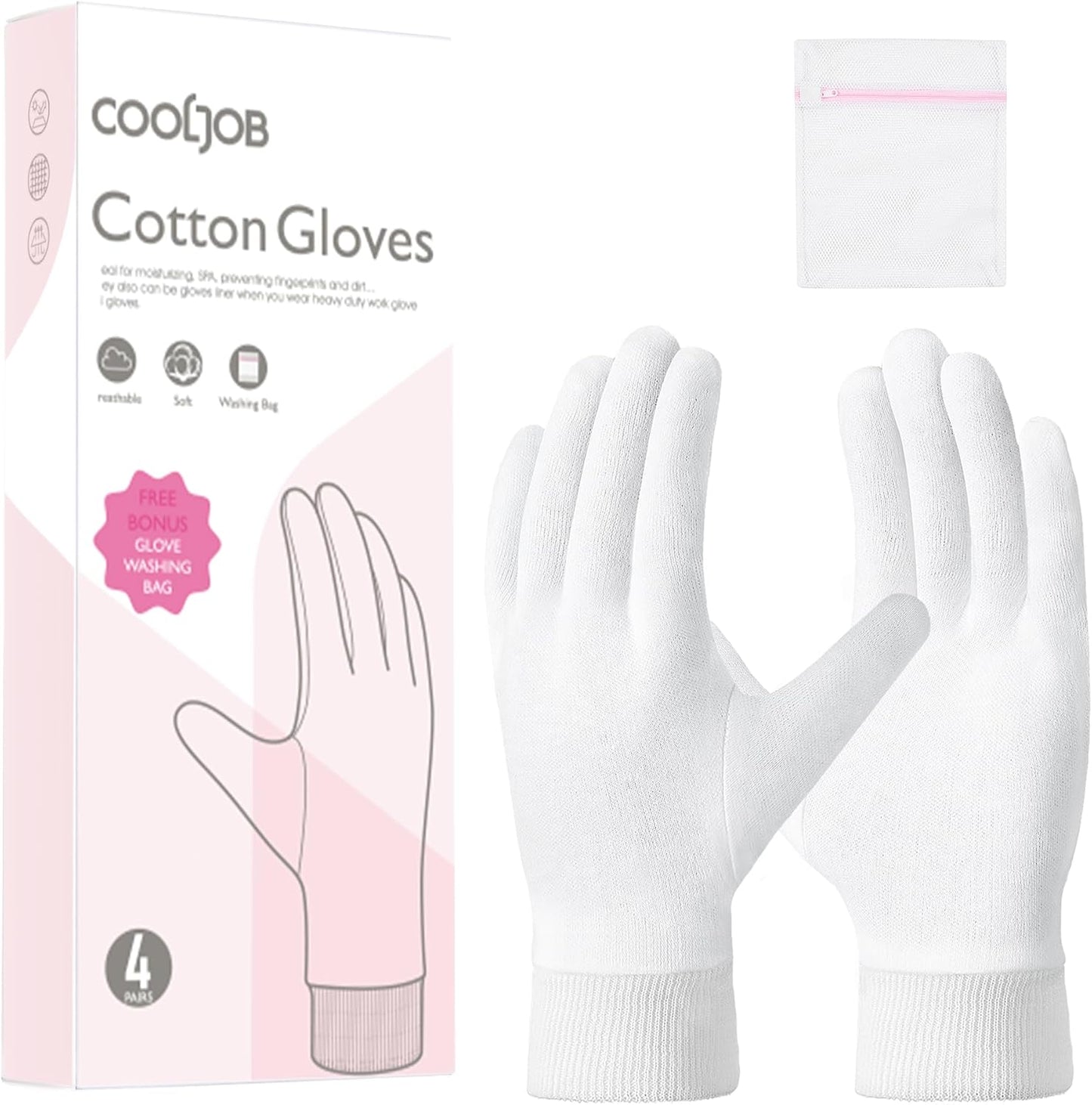 COOLJOB 4 Pairs Soft Moisturizing Cotton Gloves Set with Stretch Elastic Cuff, Overnight Lotion Sleeping Gloves for Dry Hands, Eczema Skin, Beauty Women SPA Essentials, XSmall, White