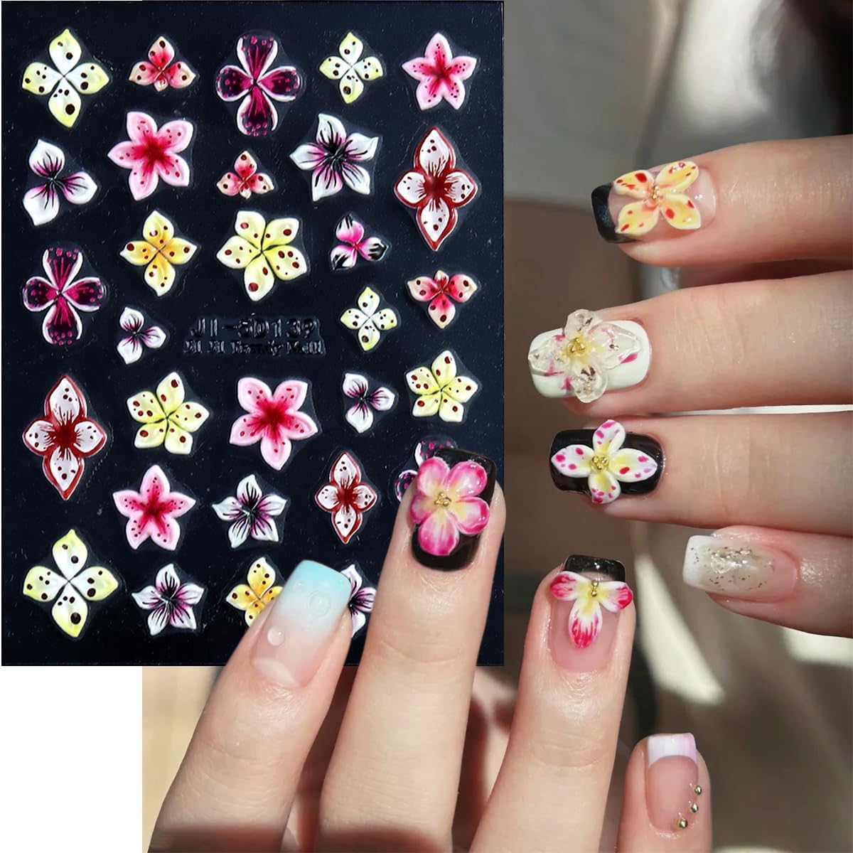 Flower Nail Stickers 5D Embossed Lily Flower Stickers for Nails Hibiscus Self Adhesive Floral Nail Decals Gold Flower Nail Charms Vacation Design Pegatinas para Uñas 4 Sheet