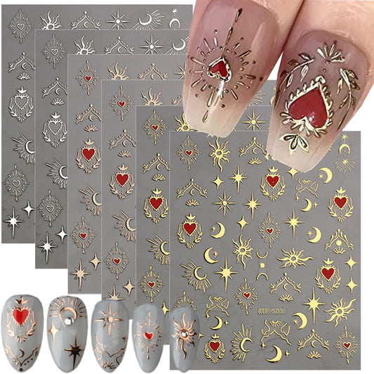 Gold Silver Nail Art Stickers Decals 6 Sheets Moon Star Nail Stickers 3D Self Adhesive Nail Decals Heart Moon Starlight Star Nail Art Design Decoration Accessories for Women Girls