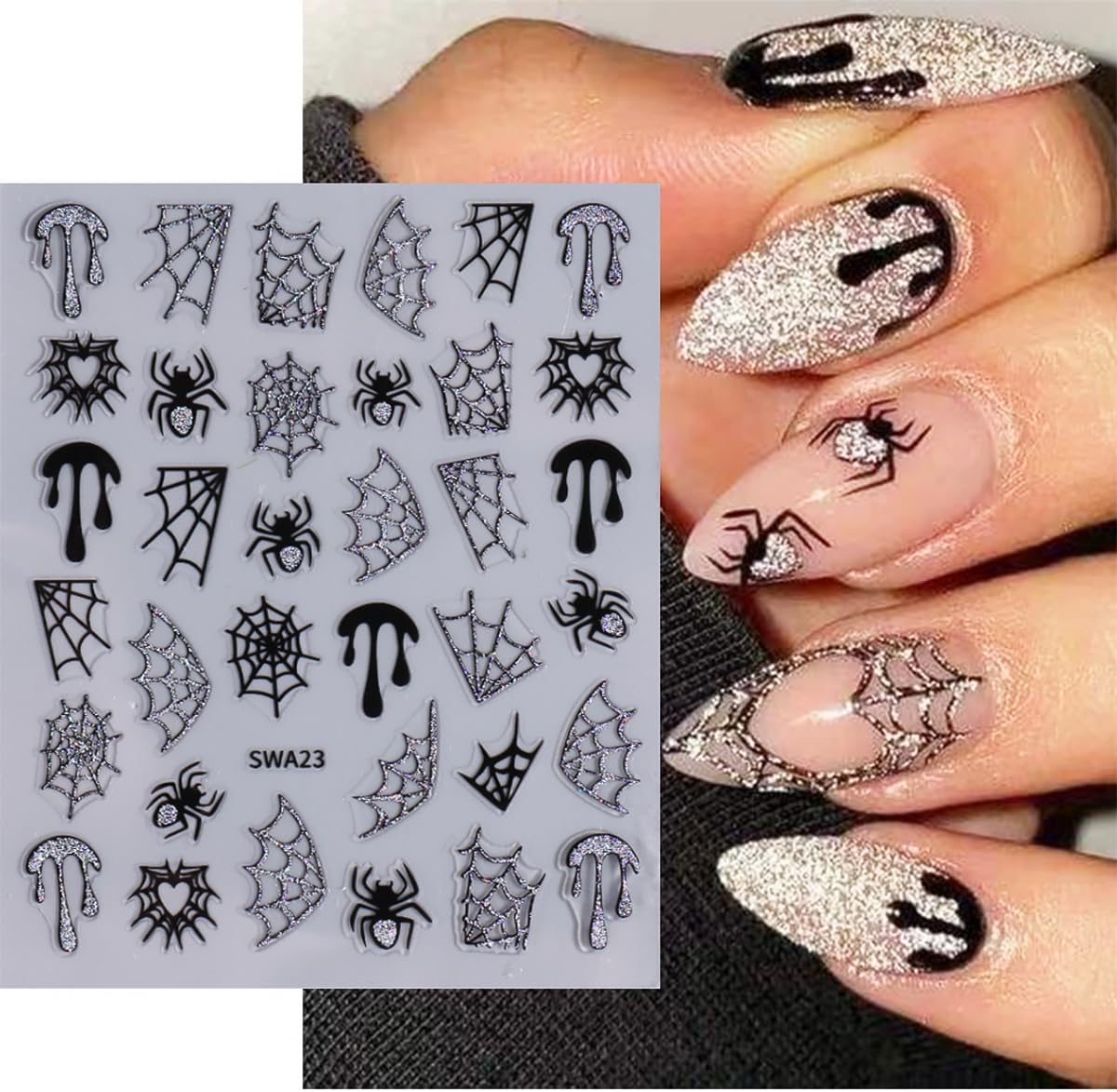 6 Sheets Spider 3D Self-Adhesive Gold Silver Red Web Star Design Decals for Women Halloween, Holiday & More: French Nail Art Supplies & Rhinestones Nail Art Charm