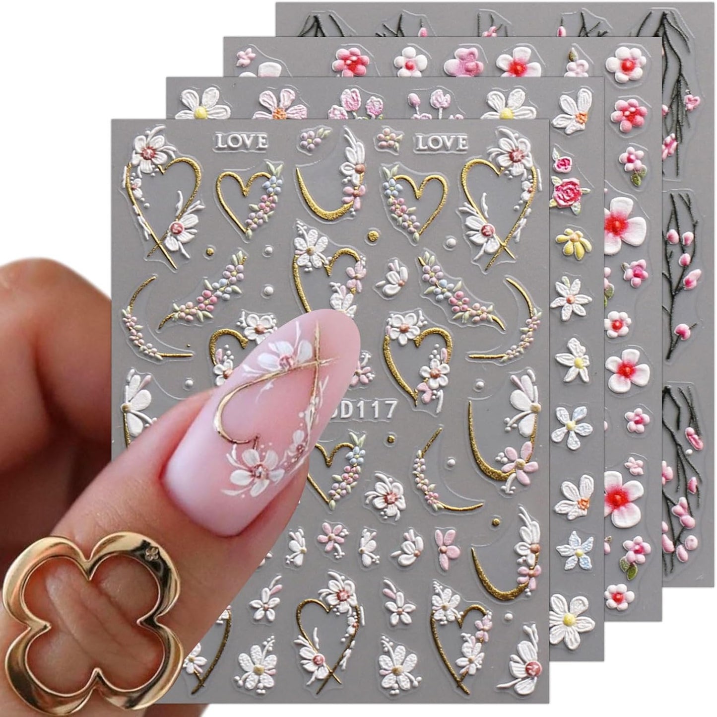 JMEOWIO 3D Embossed Flower Nail Art Stickers Decals Self-Adhesive 5D Spring Summer Floral Nail Supplies Nail Art Design Decoration Accessories 4 Sheets