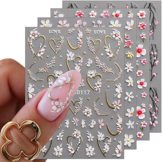 JMEOWIO 3D Embossed Flower Nail Art Stickers Decals Self-Adhesive 5D Spring Summer Floral Nail Supplies Nail Art Design Decoration Accessories 4 Sheets
