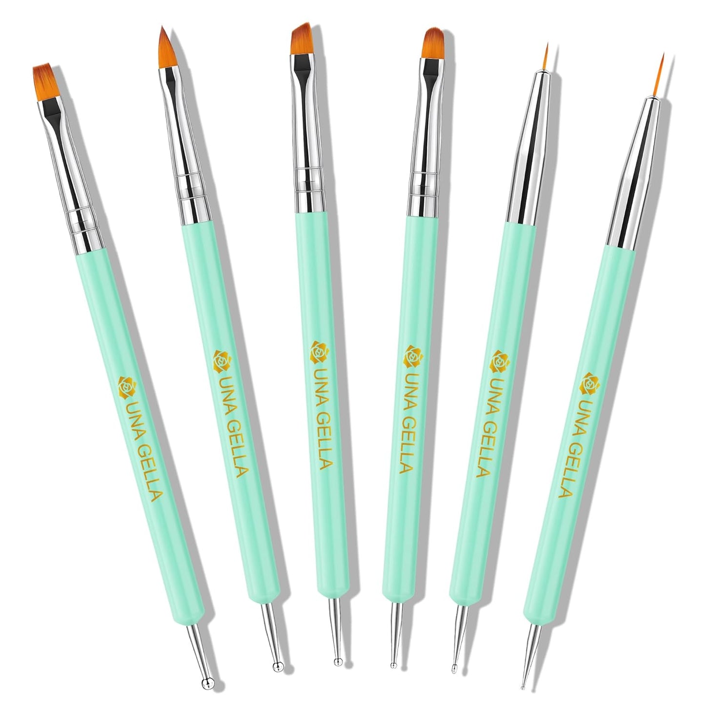 UNA GELLA Nail Art Pens 6PCS Green Color Acrylic Nail Art Design Brush Set with Gel Polish Liner Brushes Double-headed Nail Dotting Tools for DIY Home Salon Manicure Design Supplies