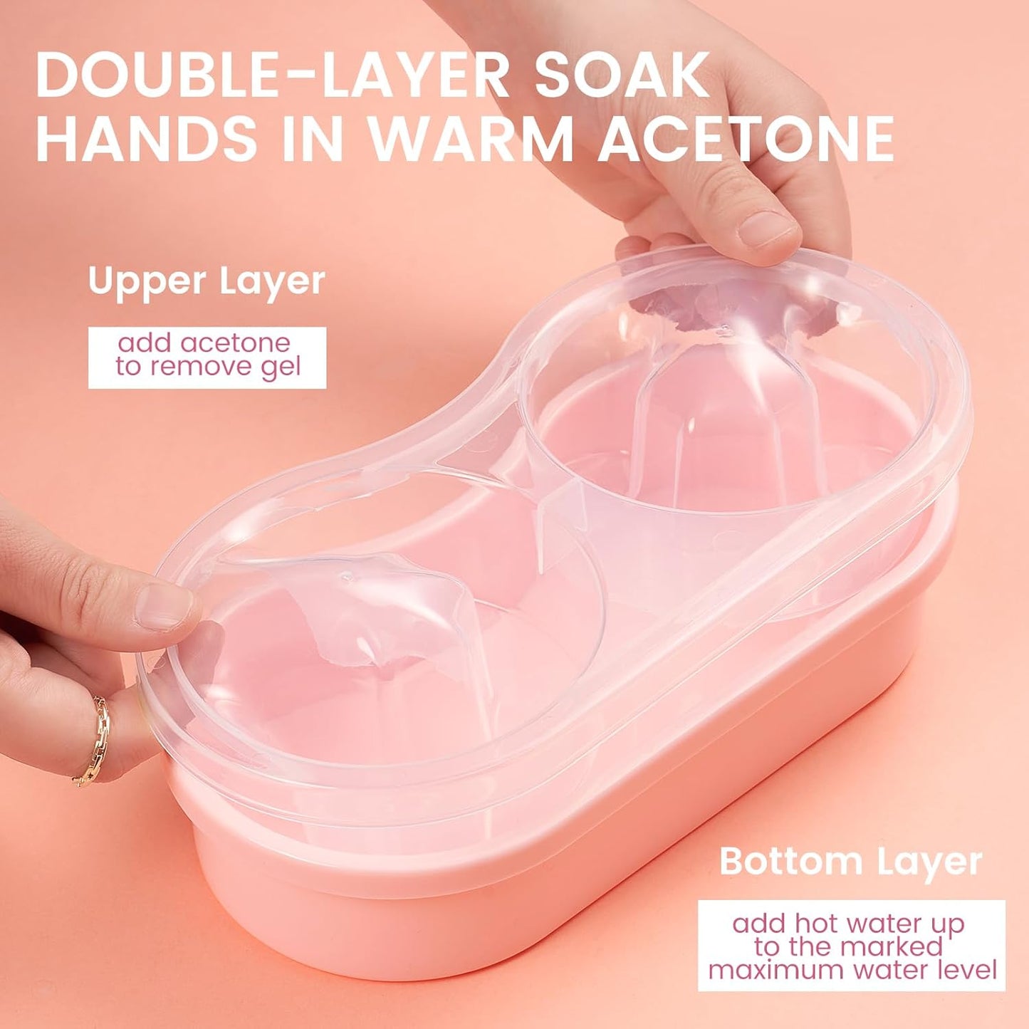 Dual Nail Soaking Bowl Acetone Proof: Soak Off Gel Nail Polish Dip Powder Remover Bowl- Cut the Soaking Time in Half Manicure Bowl for Salon Home (D2-Pink)