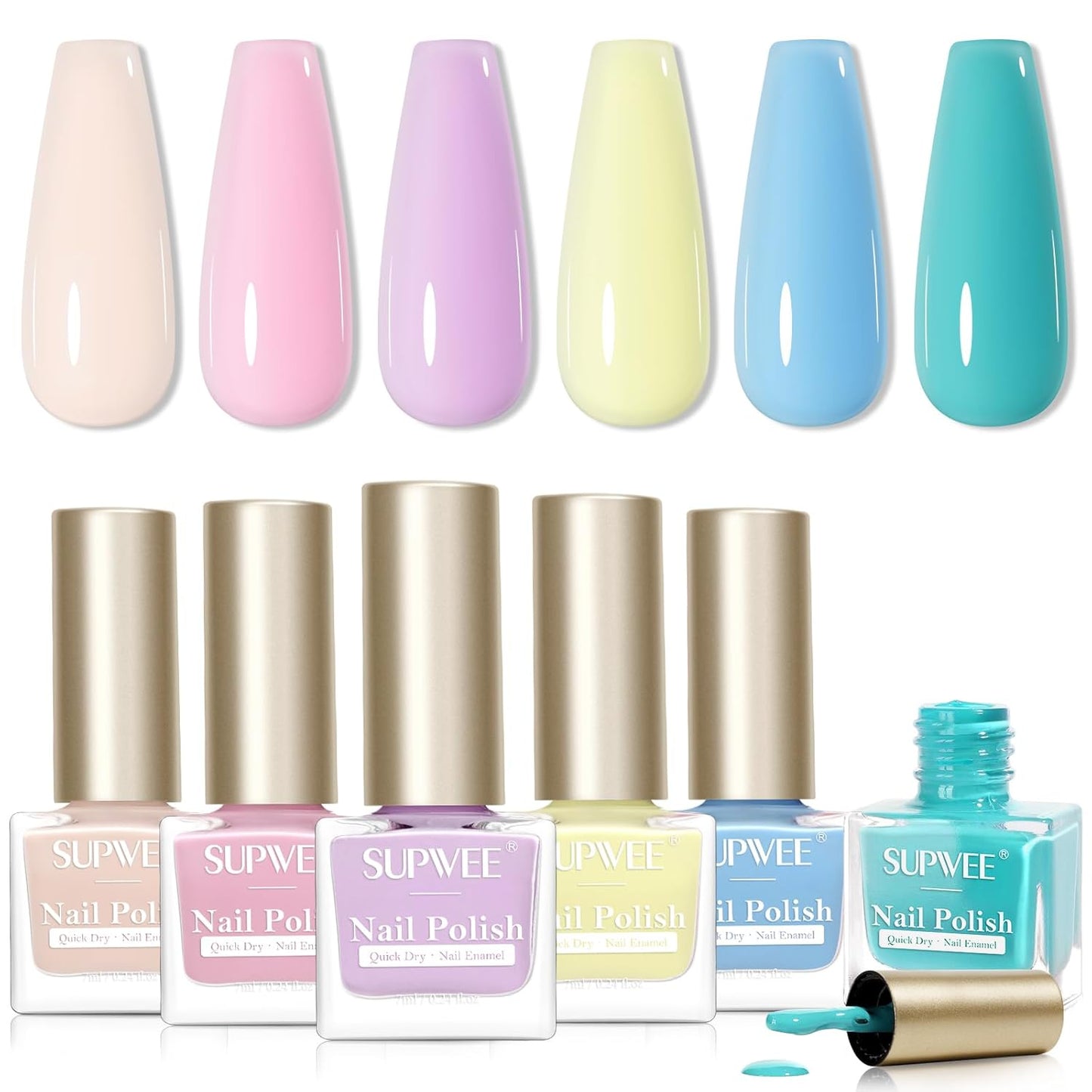 Pastel Nail Polish Set, Quick Dry Spring Summer Macaron Nail Polish Non Gel Air Fast Drying Fingernail Lacquer Natural Neutral Manicure DIY Salon Gift(Pink Yellow Purple Blue Green Colors)