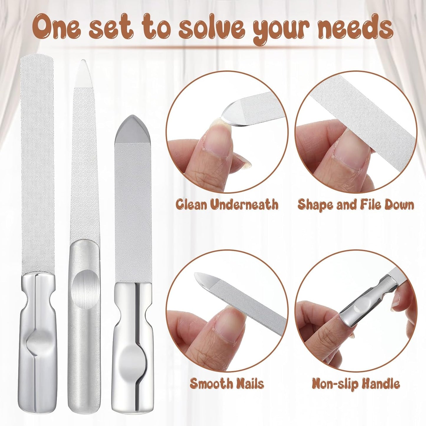 Stainless Steel Nail Files with Leather Case, 3 Sizes Files Set Double Sided Anti-Slip Handle Metal Nail Buffer Pointed Tip Manicure Tool Professional Curved Rasp Natural Fingernail Home Salon