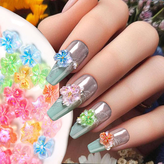 100PCS 3D Flower Nail Charms, Hawaii Colorful Resin Floral Nail Accessories Summer Flat Back Acrylic Manicure Decorations for Women DIY Nail Supplies