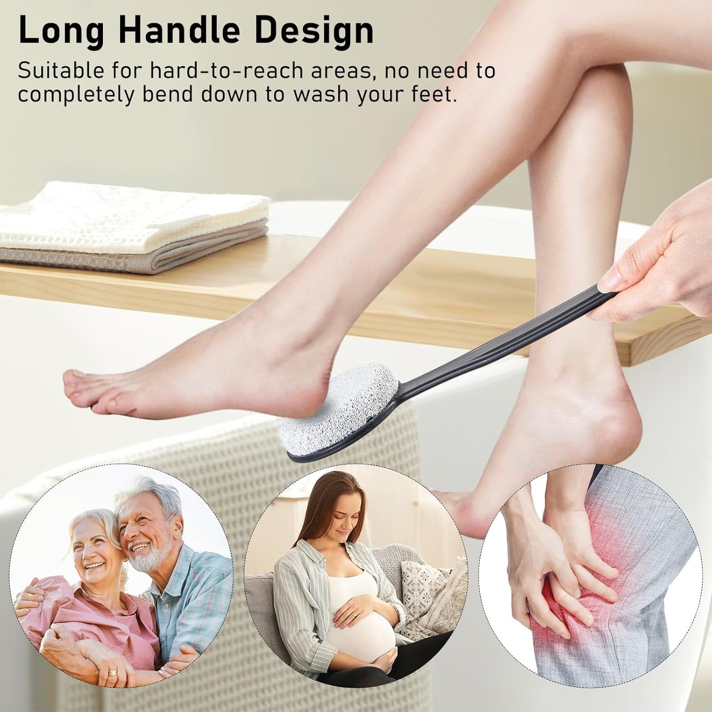 Foot Scrubber Pumice Stone for Feet with Long Handle 13.7" Hard Skin Callus Remover and Exfoliator for Dead Dry Skin, Softer & Smoother Feet, Pedicure Tool (Curved) Black