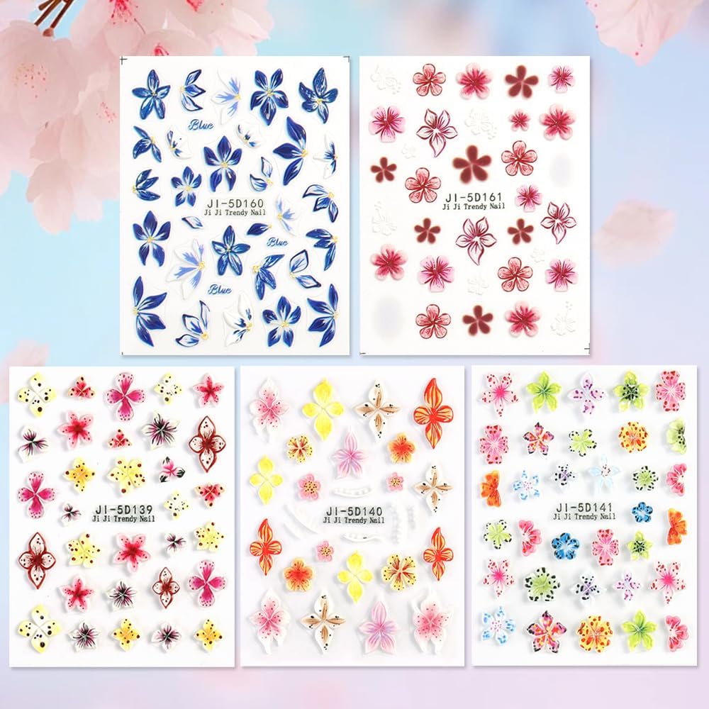 Flower Nail Art Stickers Decals 5D Embossed Nail Decals, 5 Sheets Colorful Flower Spring Summer Hibiscus Lily Floral Nail Art Design Self-Adhesive Nail Supplies Manicure Decorations for Women Girls
