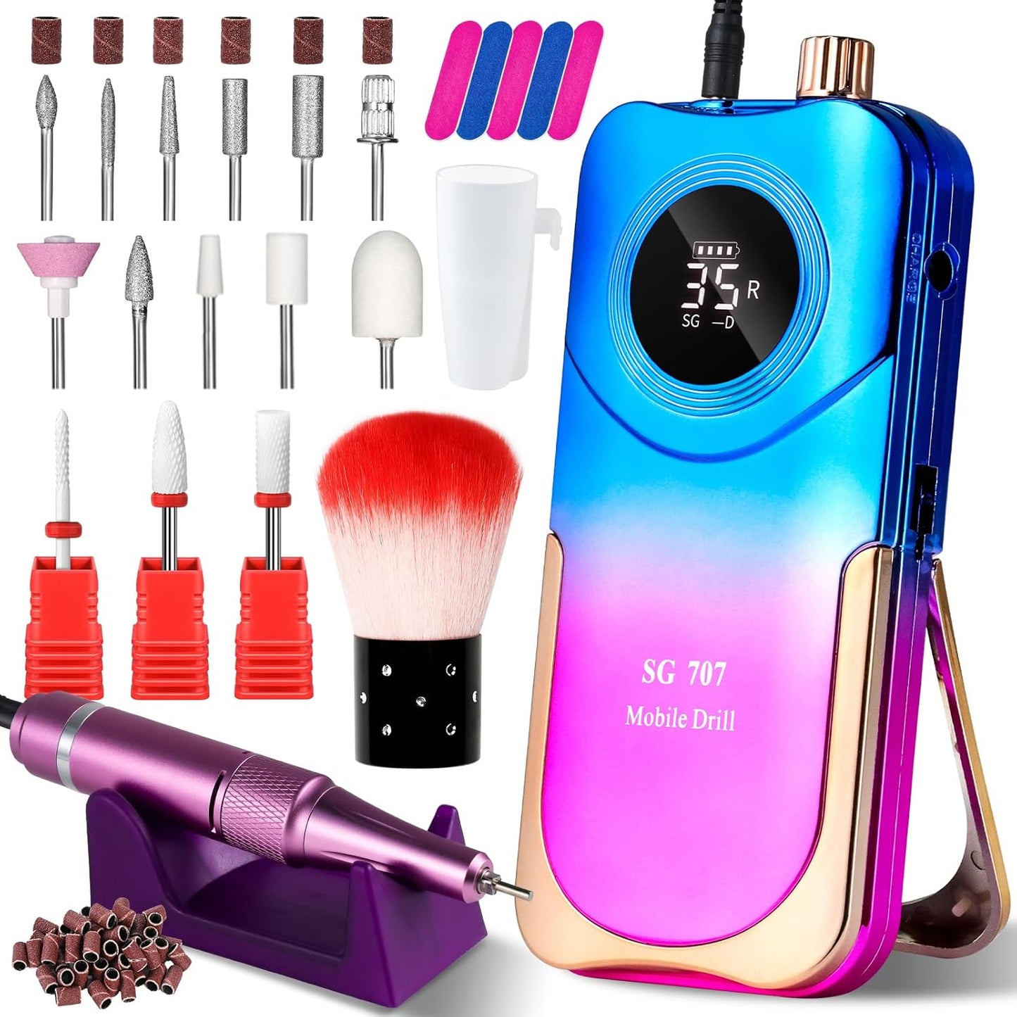 Professional Electric Nail Drill Kit 35000RPM with 14PCS Bits Purple Blue Portable Rechargeable Cordless File Machine for Acrylic Gel Powder Nails and Manicure Pedicure Toenail Tool Salon Set