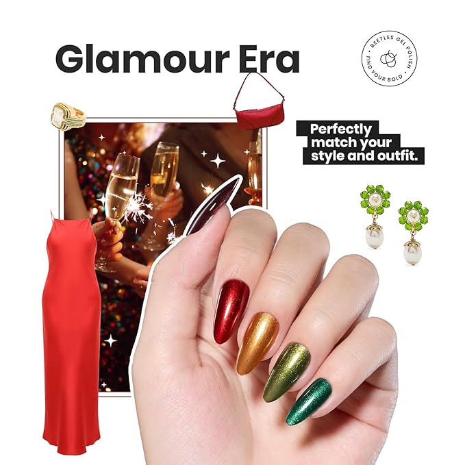 Beetles Fall Nail Polish Set - Glamour Era 6 Colors Quick Dry Glitter Burgundy Red Gold Green Yellow High-Gloss Long-Lasting Nail Polish for DIY At-Home Manicure Christmas Gift for Women
