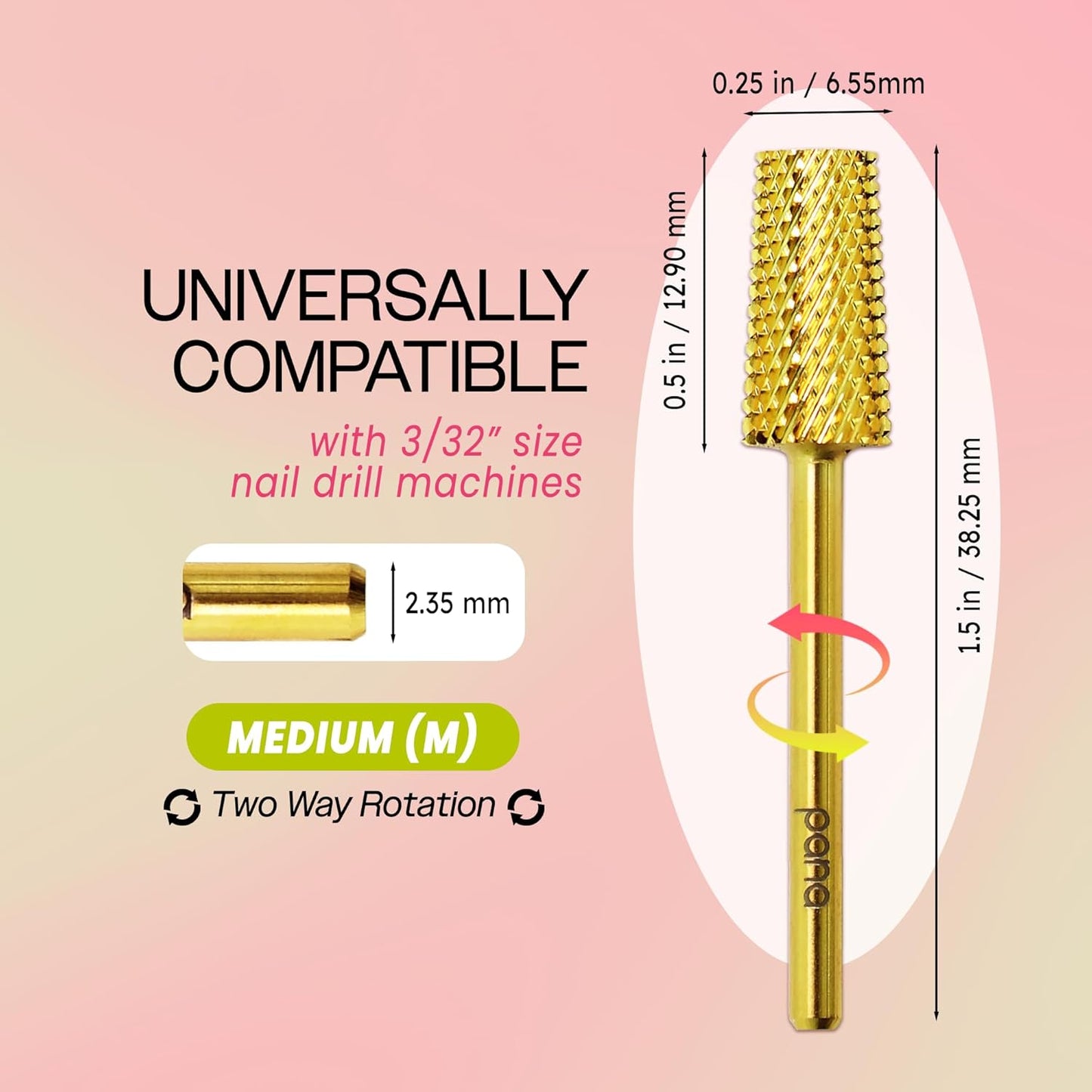 Premium Pana 3/32" Tapered Barrel Carbide Nail Bit -For Electric Dremel Drill Machine, Nail Art Design, Manicure, Pedicure, Nail File, Cuticle Clean etc. (Medium Grit- Gold)