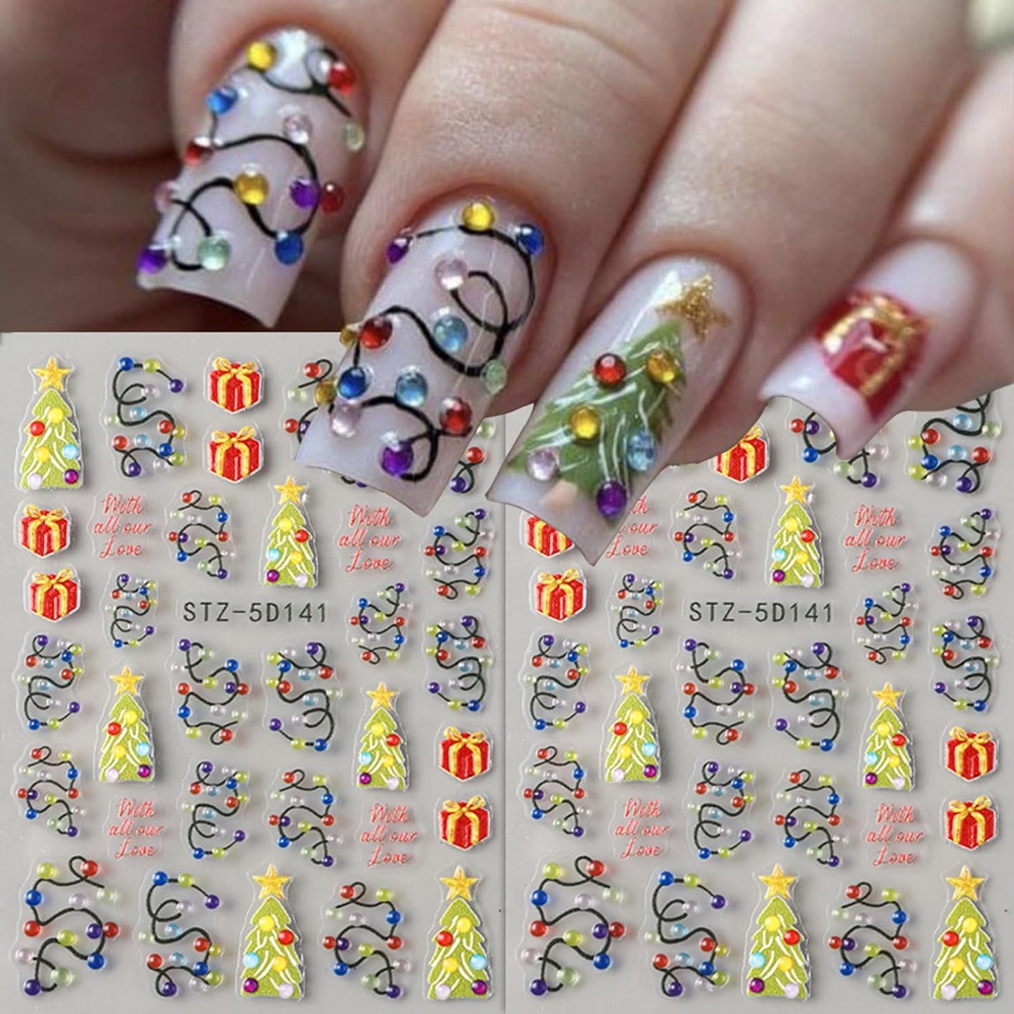 2Pcs Christmas Colorful Light Nail Art Stickers 5D Embossed Nail Decals Neon Lamp Xmas Tree Gifts Design Manicure Sliders Self-Adhesive Winter Nail Art Supplies for Women New Year Nail Decoration