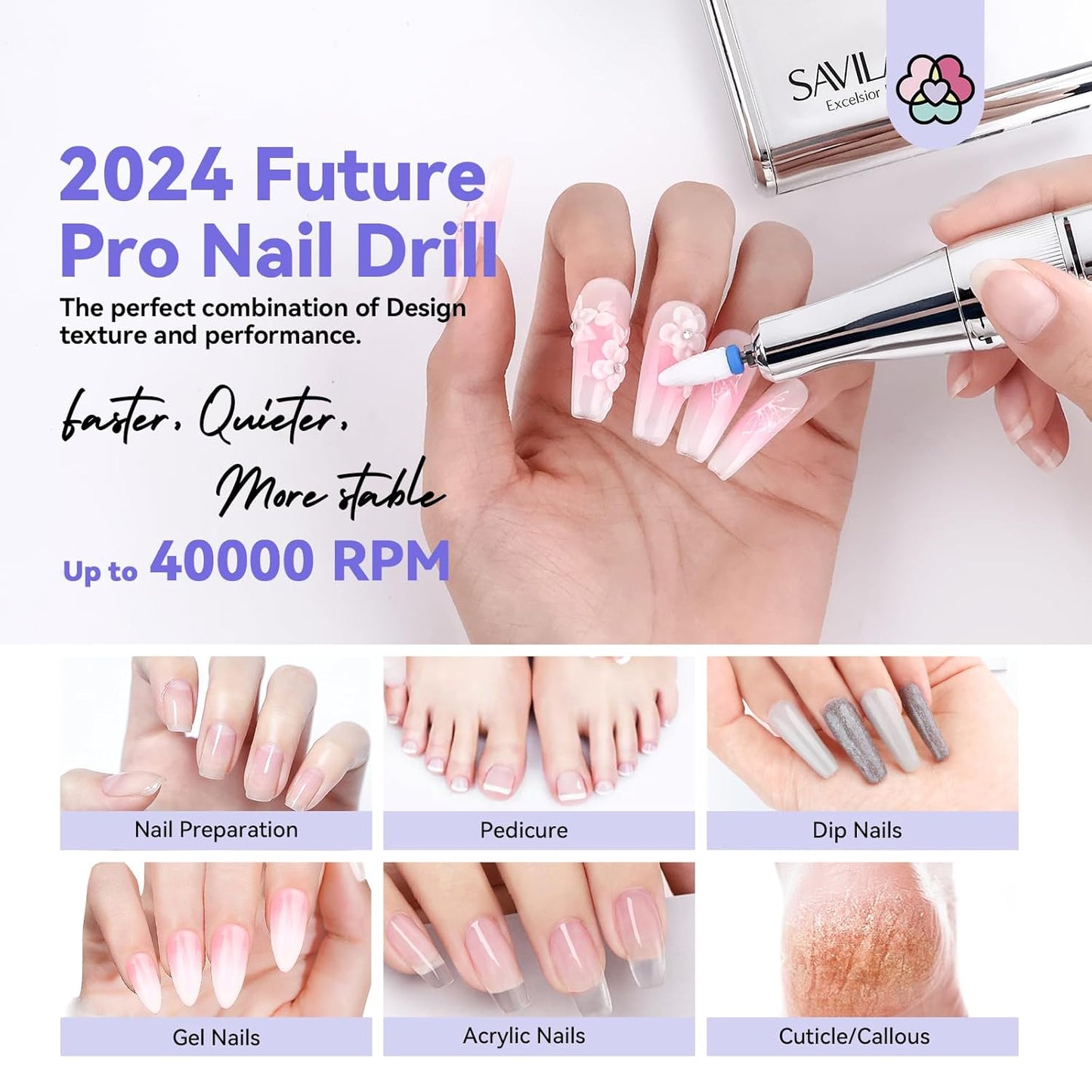 SAVILAND Electric Nail Drill Professional: 2024 Pro Future Tech 40000RPM Nail Drill Kit E File for Acrylic Nails Gel Polish Rechargeable 6000mAh Portable Nail Filer Drill Bits Salon
