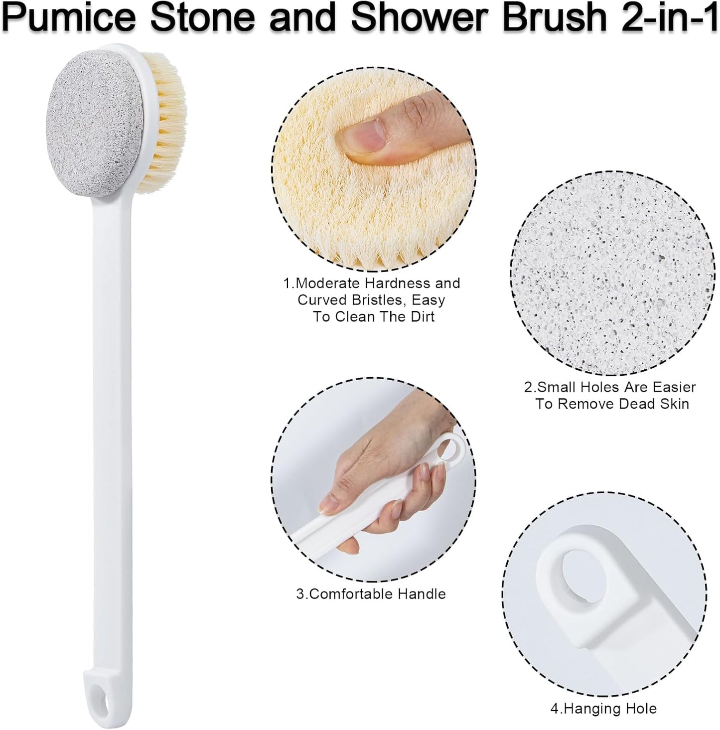 Pumice Stone for Feet and Shower Brush with Long Handle, 3Pcs Hard Skin Callus Remover, 2 in 1 Foot Scrubber Brush, Back Scrubber Body Brush for Shower Deep Cleansing and Exfoliating, Straight