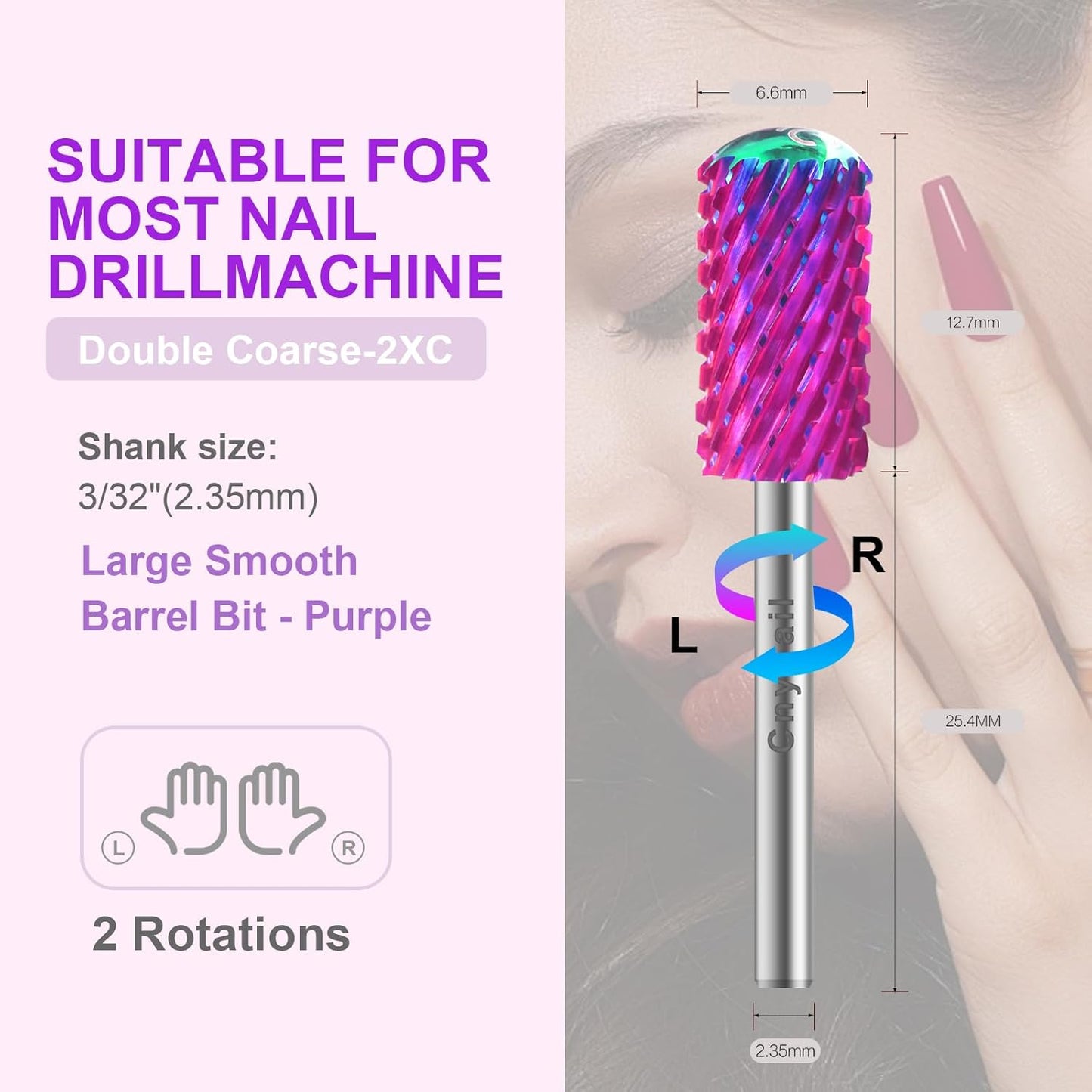 3/32" 2PCS Large Barrel Smooth Round Top Tungsten Carbide Nail Drill Bit Safety Bit for Gel & Acrylic Removal, 2-Way Rotating Efile Tip, Salon Electric File Accessory (XXC Grit, Purple)