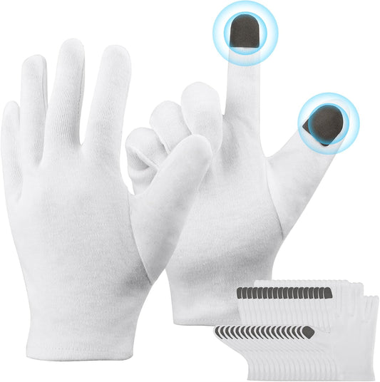 Small Touch Screen Gloves, 10 Pairs White Cotton Gloves for Art Handling, Coin Handling, Jewelry, Photography, Dry Hands Sleeping, with Pack of 40 Touchscreen Stickers