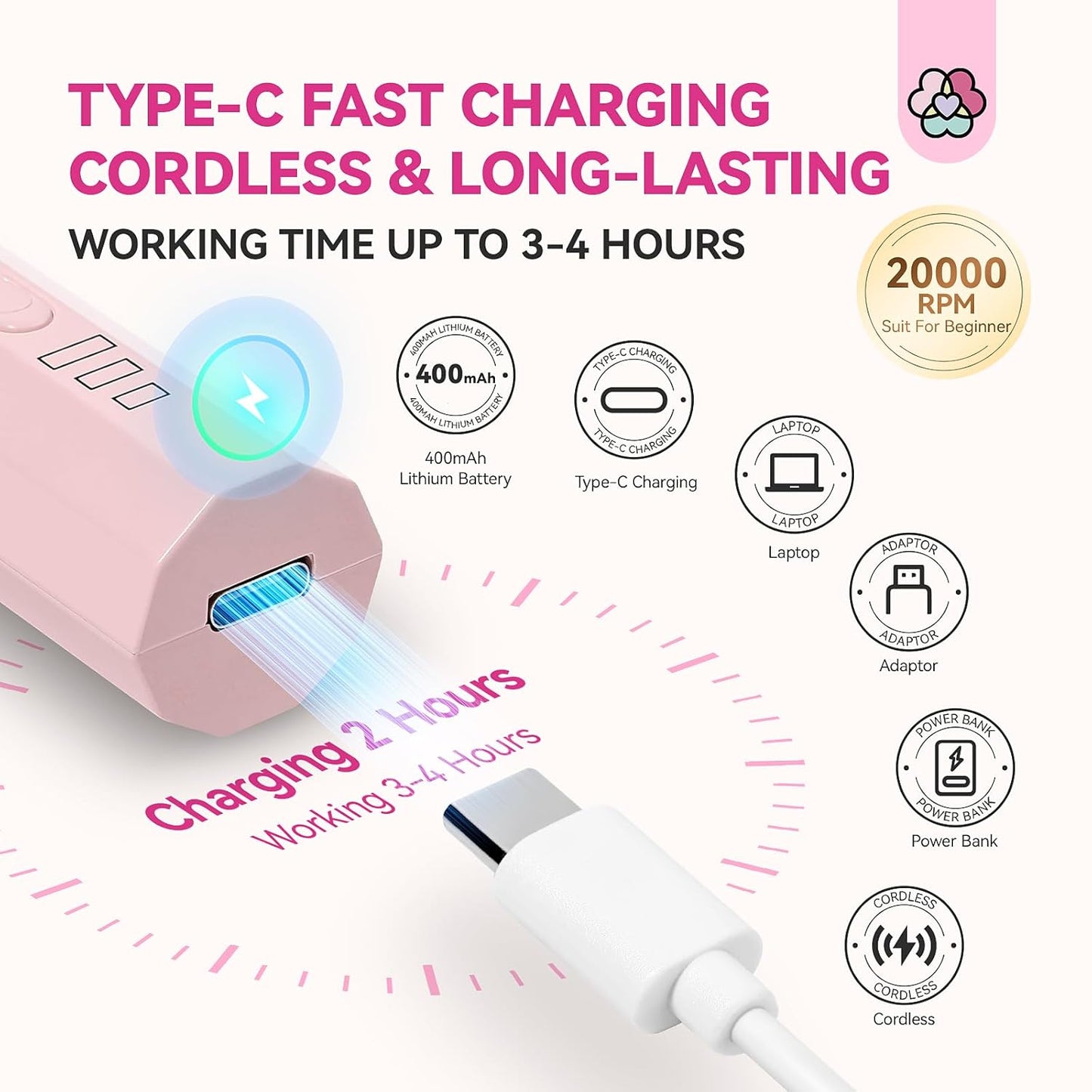 SAVILAND Cordless Nail Drill Kit: Ultra Low Noise 20000RPM Rechargeable Electric Nail File Portable Low Heat Nail Drill Machine with Complete Bits for Beginner Manicure Pedicure Home