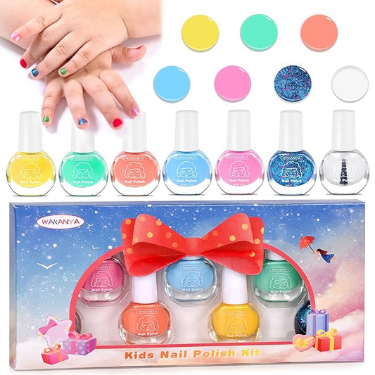 wakaniya Kids Nail Polish for Girls, Mini Nail Polish Set with Clear Non-Toxic Nail Polish Kit, Water-Based Peel-Off Quick Dry Low Odor Nail Polish Set Ages 3+