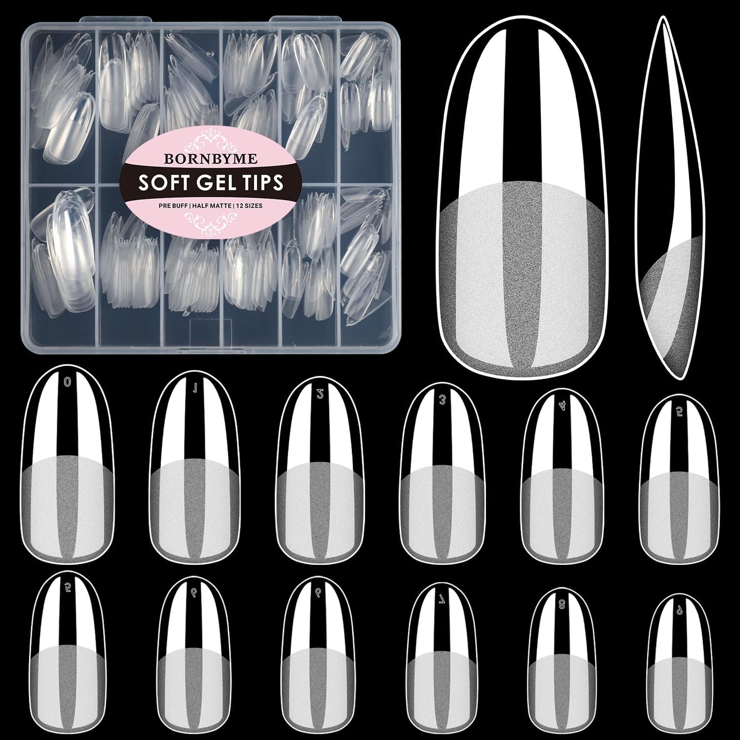 Medium Oval Soft Gel Nail Tips, BORNBYME 240 PCS Pre Buff Full Cover Shaped Nail Extenison Tips Half Matte Gel Nail Tips