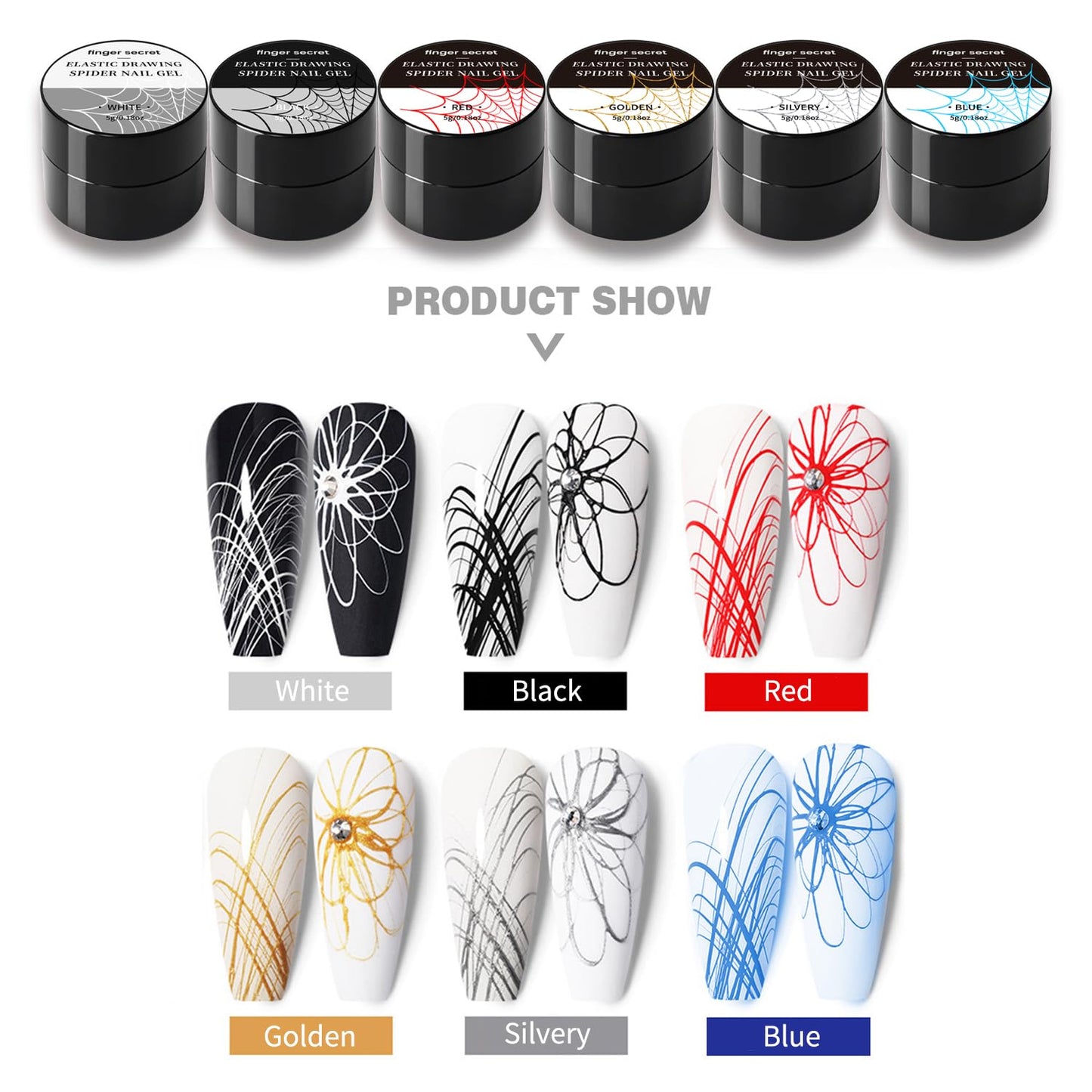 5g/0.18oz 6 Colors Spider Gel Kit for Nails, Spider Design for Art Wire Drawing Nail Gel for Line with Brushes for Nail Art