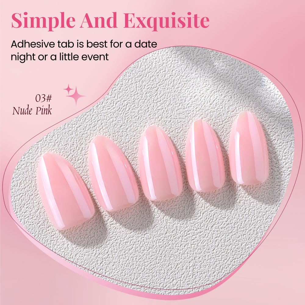 Press on Nails Short Almond - Nude Pink Chrome Glazed Glossy Press on Nail Tips Glue On Nails with Nail Glue for Gift, Reusable Stick On Nails in 15 Sizes 30 Full Cover Acrylic Soft Gel Fake Nails Kit