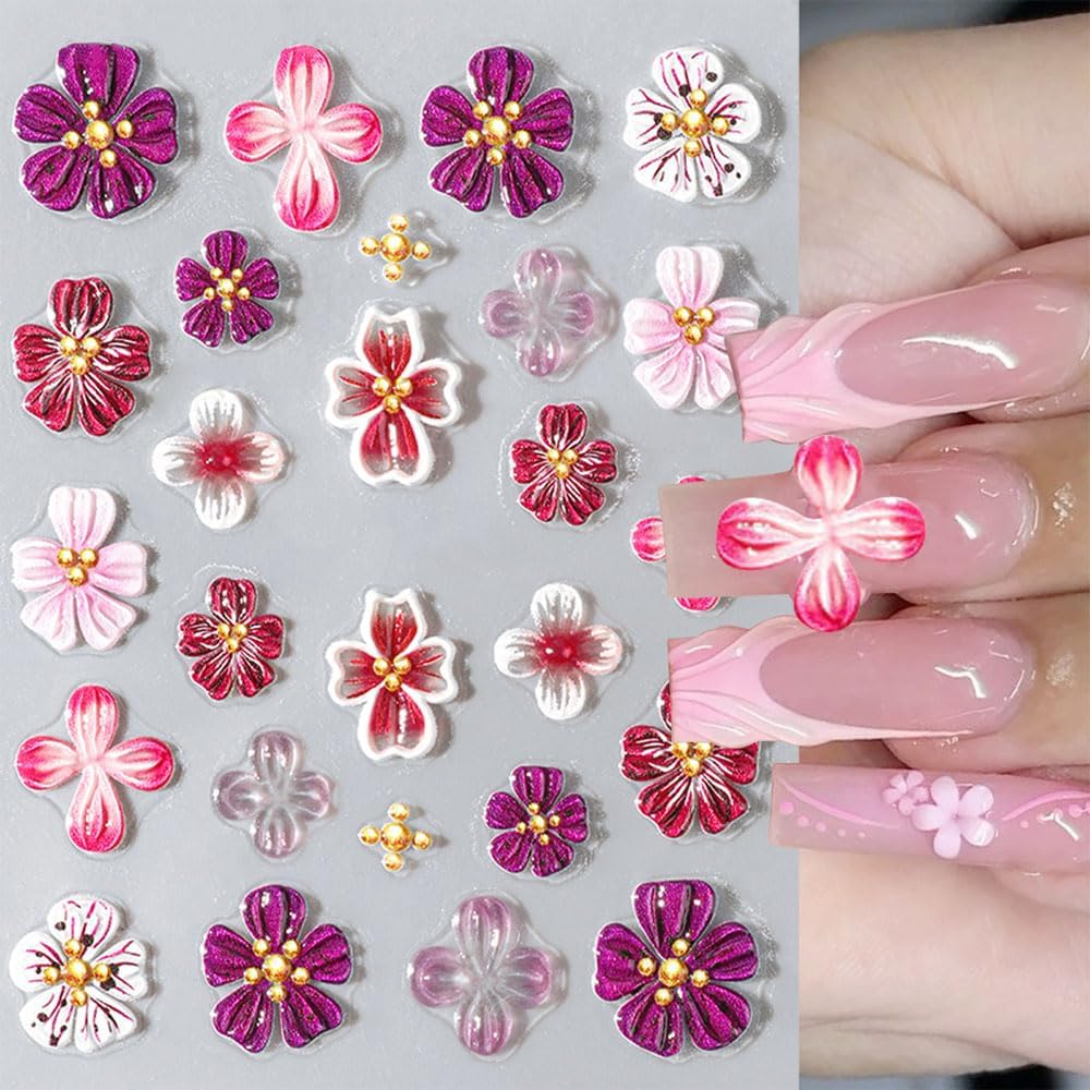 2 Sheets Flower Nail Stickers for Nail Art, 5D Embossed Hibiscus Nail Decals Self Adhesive Spring Summer Floral Nail Supplies for Women Girls Manicure Decoration
