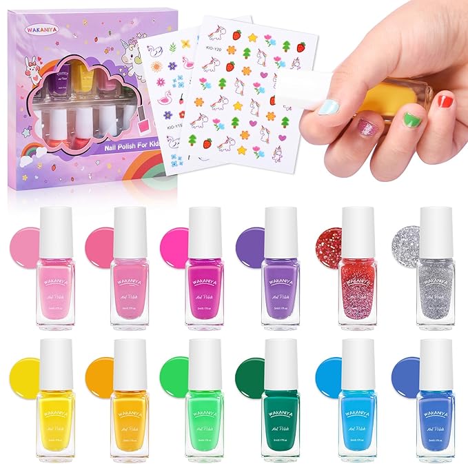 wakaniya Kids Nail Polish Set for Girls - 12 Candy Colors Safe Toddler Nail Kit with Nail Stickers, Water Based NonToxic Peel Off Quick Dry Nail Polish for Girls