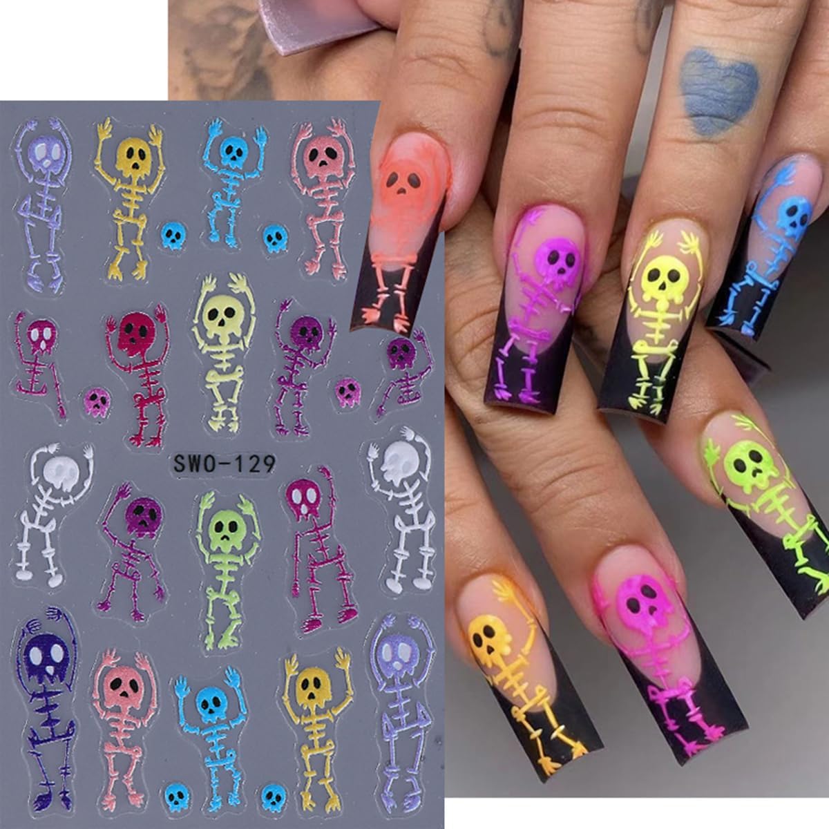 Halloween Nail Art Stickers Decals 5D Embossed Skeleton Nail Stickers 3PCS Rainbow Color Skull Skeleton Halloween Nails Design Adhesive Sticker Manicure Sliders for Women Holiday Nail Art Decorations