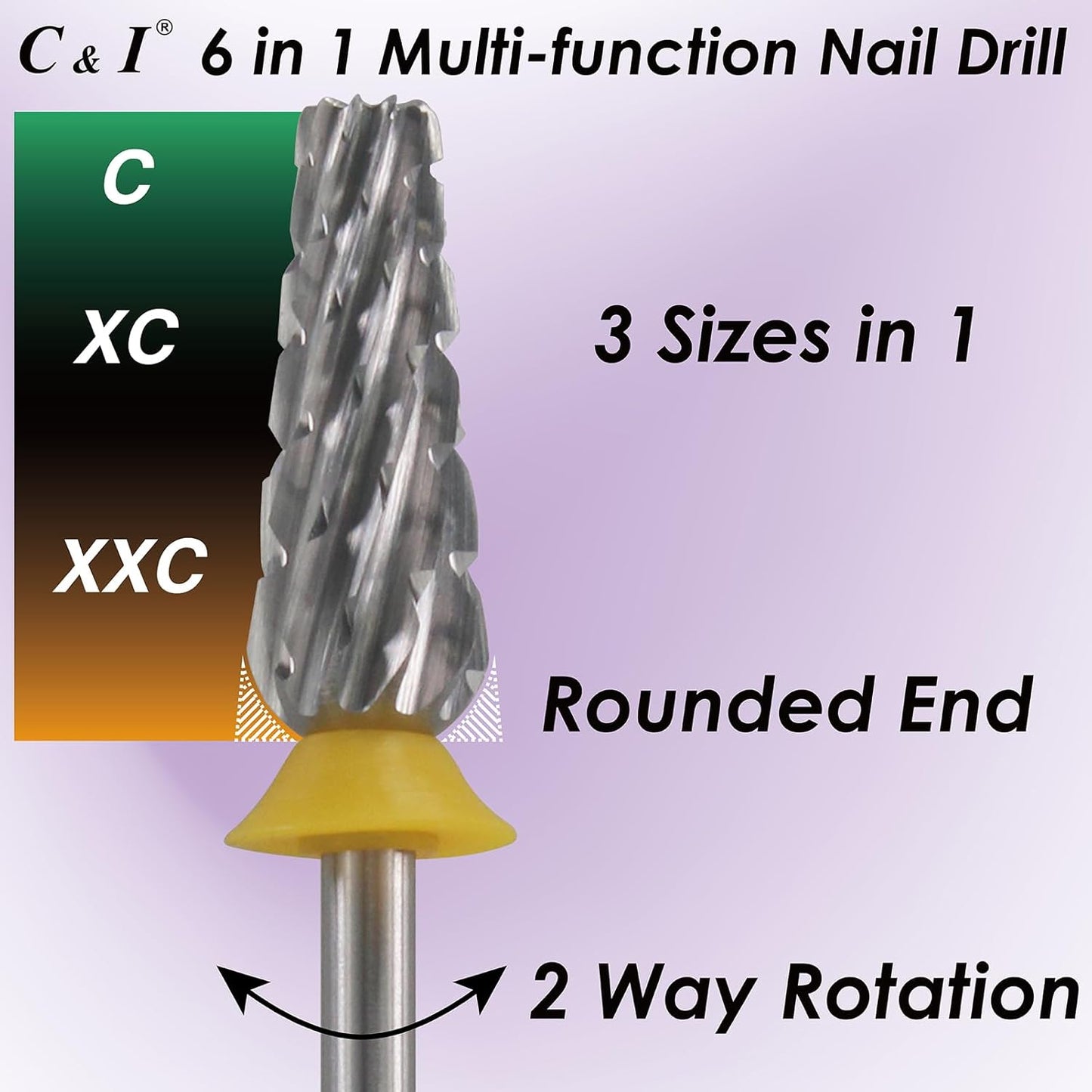C & I Nail Drill Bit 6 in 1 Multi-function Rounded End E File, Tungsten Steel CNC Overall Cutting, Manicure Tool for Nail Tech Quick Remove Nail Gels, Acrylic Nails (Original, Double Coarse -XXC)